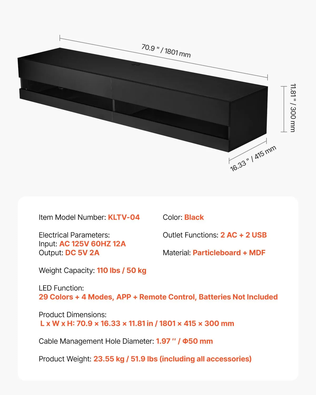 VEVOR Floating TV Stand 71" Entertainment Center Power Outlet & LED Light Black