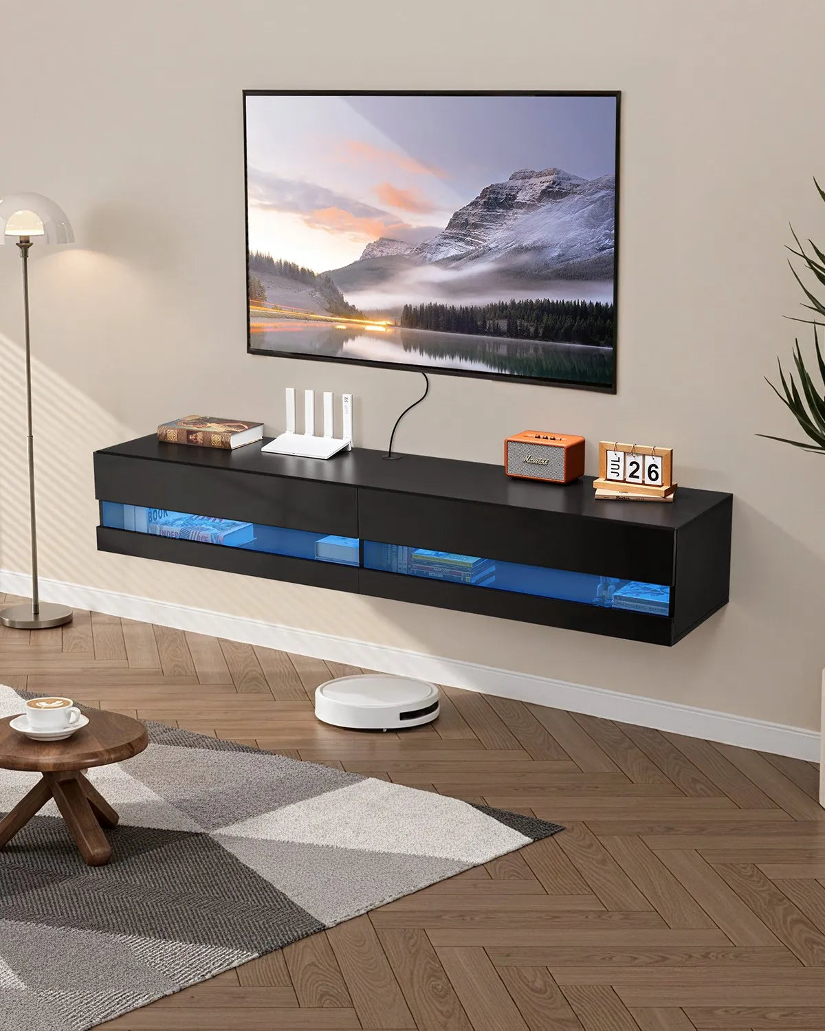 VEVOR Floating TV Stand 71" Entertainment Center Power Outlet & LED Light Black