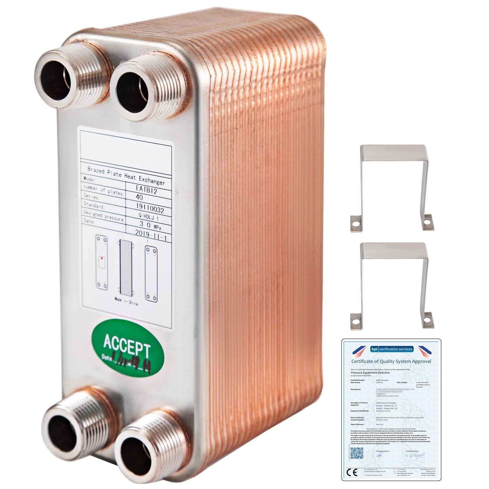 VEVOR Heat Exchanger 3"x7.5" 40 Plates Brazed Plate Heat Exchanger 316L 3/4" MPT Heat Exchanger B3-12A Beer Wort Chiller for Hydronic Heating 