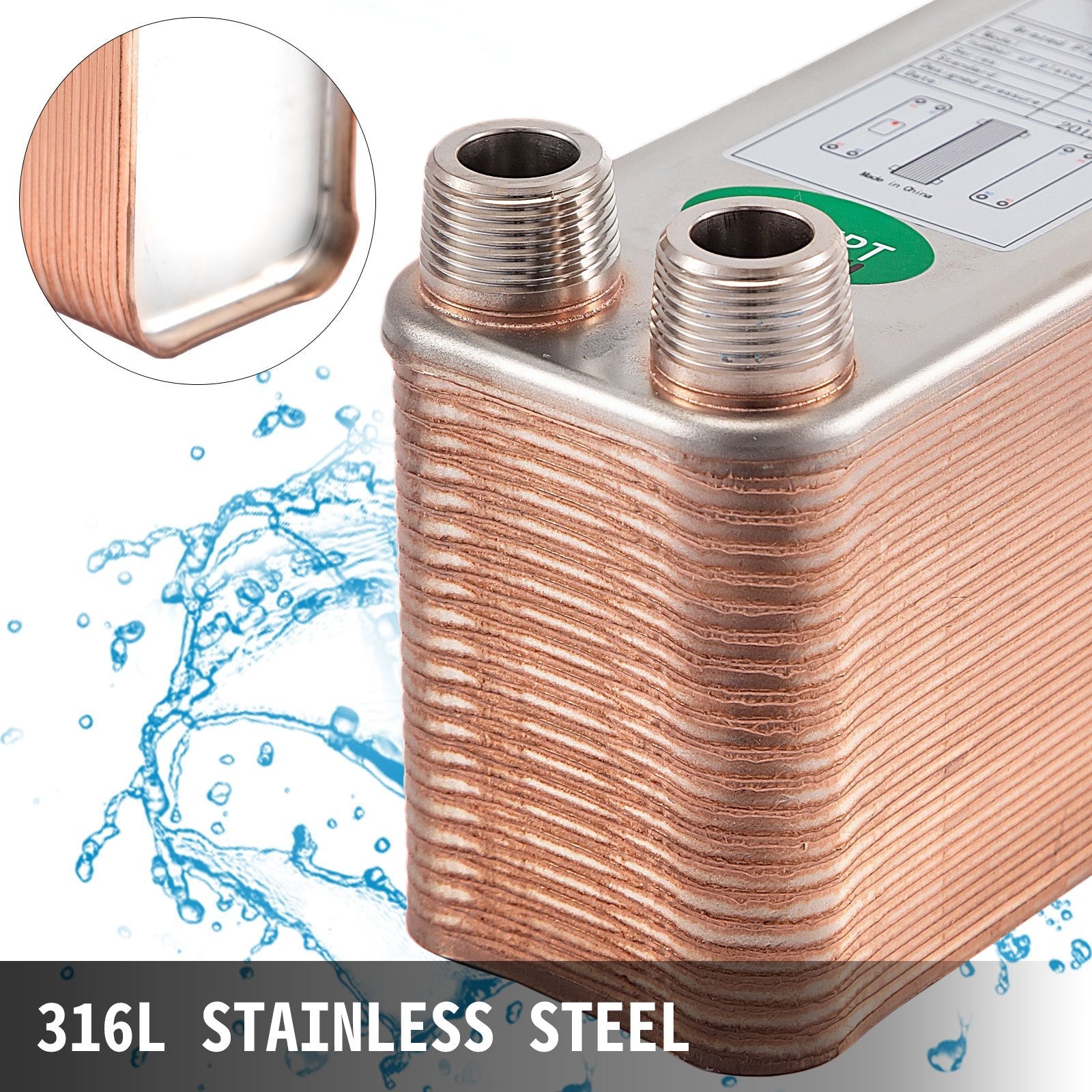 VEVOR Heat Exchanger 3"x7.5" 40 Plates Brazed Plate Heat Exchanger 316L 3/4" MPT Heat Exchanger B3-12A Beer Wort Chiller for Hydronic Heating 