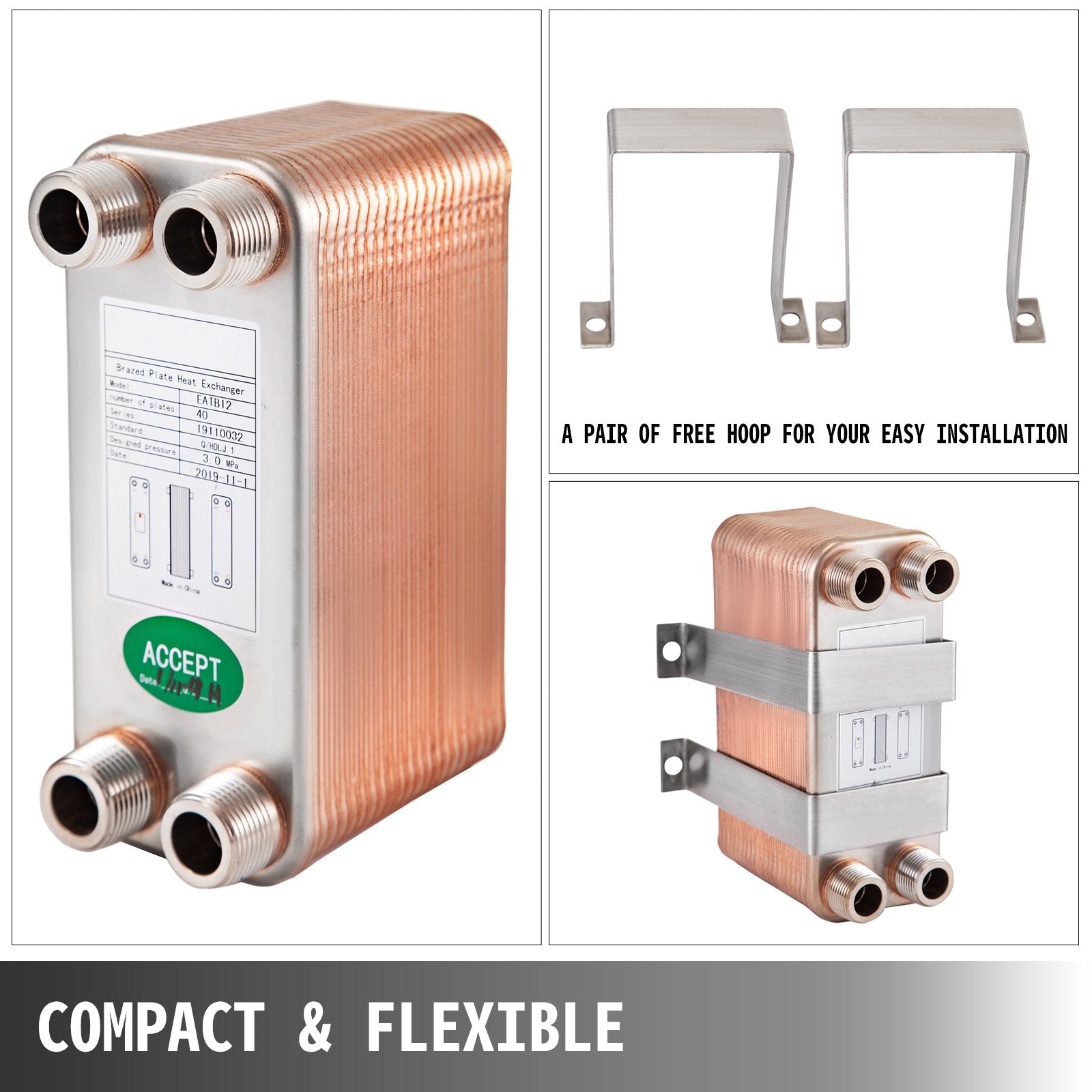 VEVOR Heat Exchanger 3"x7.5" 40 Plates Brazed Plate Heat Exchanger 316L 3/4" MPT Heat Exchanger B3-12A Beer Wort Chiller for Hydronic Heating 