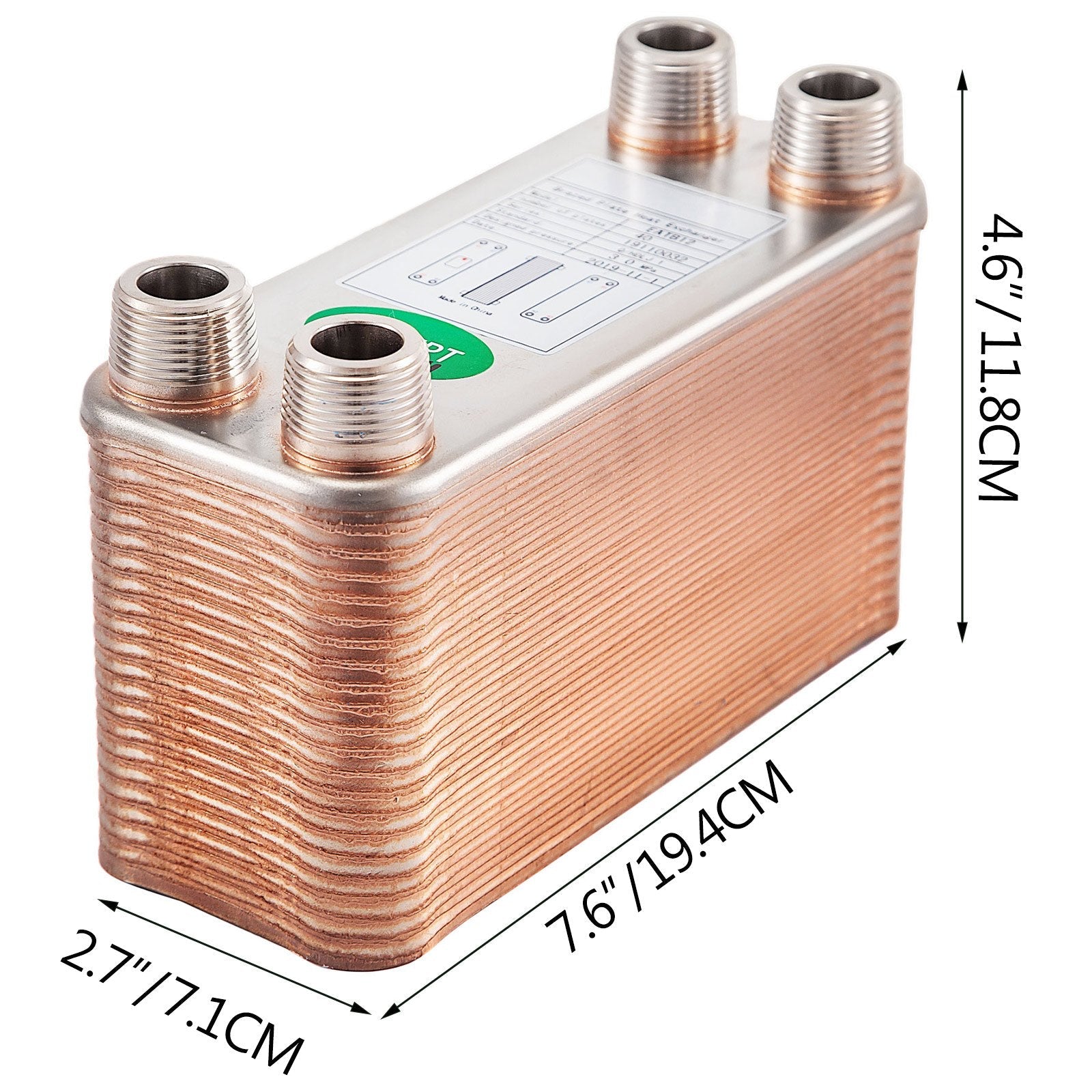 VEVOR Heat Exchanger 3"x7.5" 40 Plates Brazed Plate Heat Exchanger 316L 3/4" MPT Heat Exchanger B3-12A Beer Wort Chiller for Hydronic Heating 