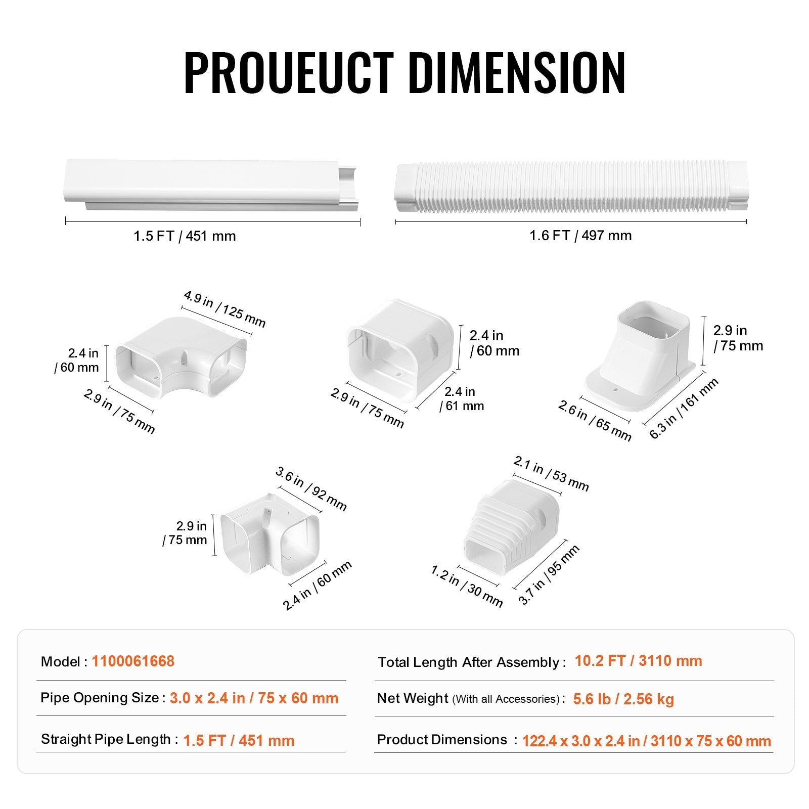 VEVOR Mini Split Line Set Cover 3-inch W 10Ft L, PVC Decorative Pipe Line Cover For Air Conditioner with 5 Straight Ducts & Full Components Easy to Install, Paintable for Heat Pumps, White 