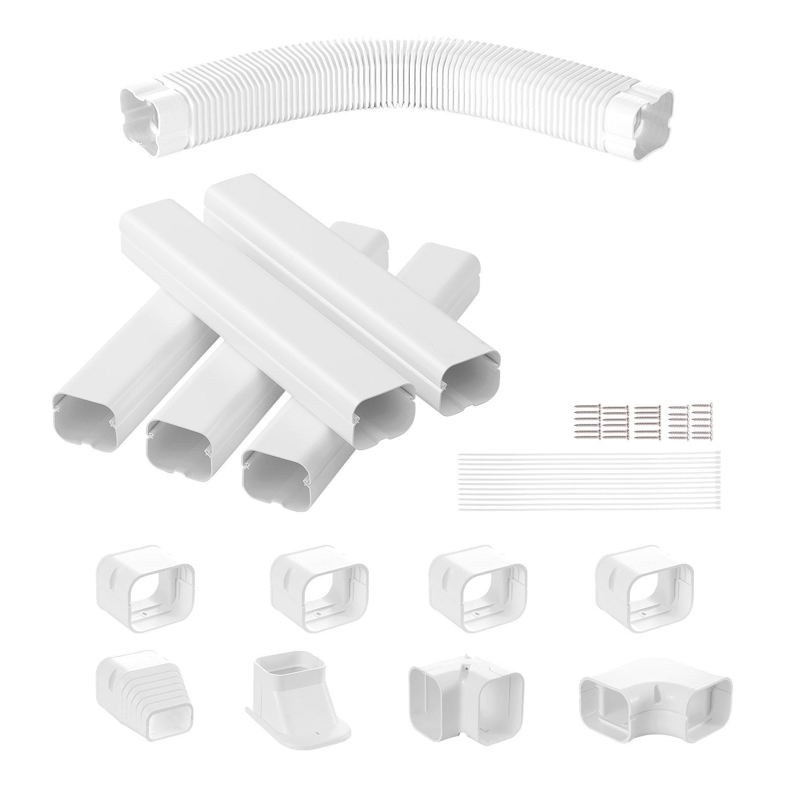 VEVOR Mini Split Line Set Cover 3-inch W 10Ft L, PVC Decorative Pipe Line Cover For Air Conditioner with 5 Straight Ducts & Full Components Easy to Install, Paintable for Heat Pumps, White 