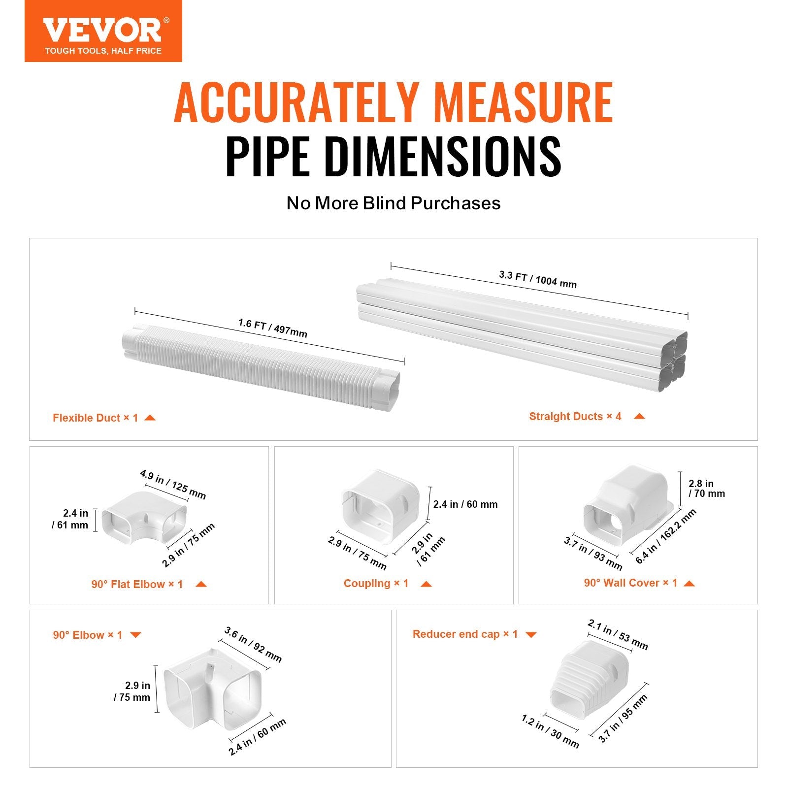 VEVOR Mini Split Line Set Cover 3-inch W 15.8Ft L, PVC Decorative Pipe Line Cover For Air Conditioner with 4 Straight Ducts & Full Components Easy to Install, Paintable for Heat Pumps, White 