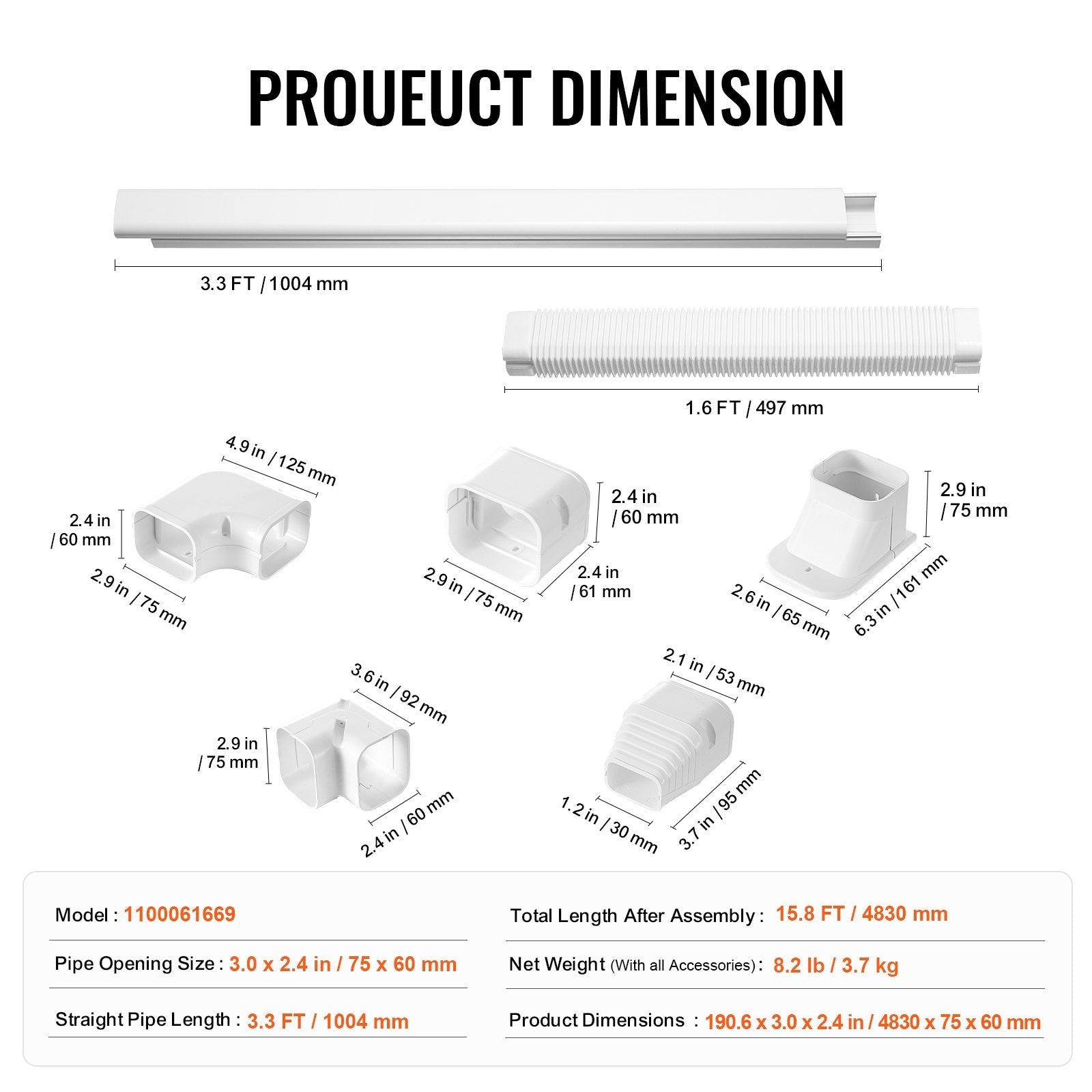 VEVOR Mini Split Line Set Cover 3-inch W 15.8Ft L, PVC Decorative Pipe Line Cover For Air Conditioner with 4 Straight Ducts & Full Components Easy to Install, Paintable for Heat Pumps, White 