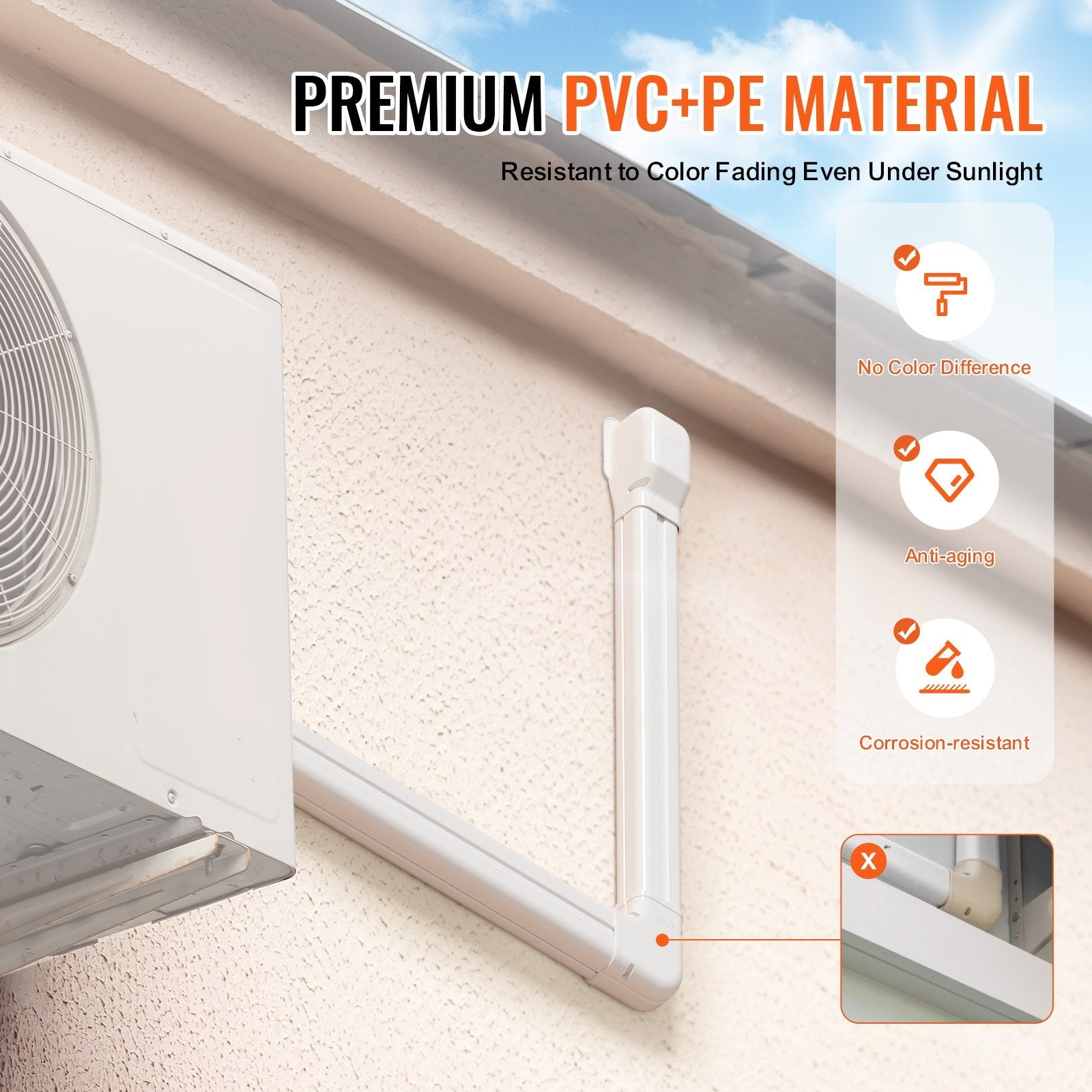 VEVOR Mini Split Line Set Cover 3-inch W 17.7Ft L, PVC Decorative Pipe Line Cover For Air Conditioner with 10 Straight Ducts & Full Components Easy to Install, Paintable for Heat Pumps, White 