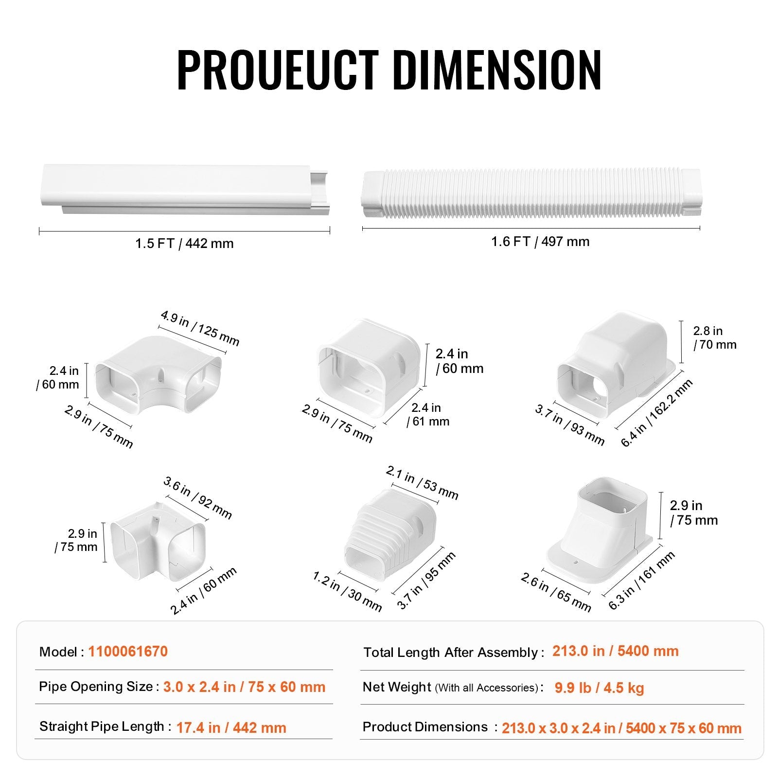 VEVOR Mini Split Line Set Cover 3-inch W 17.7Ft L, PVC Decorative Pipe Line Cover For Air Conditioner with 10 Straight Ducts & Full Components Easy to Install, Paintable for Heat Pumps, White 