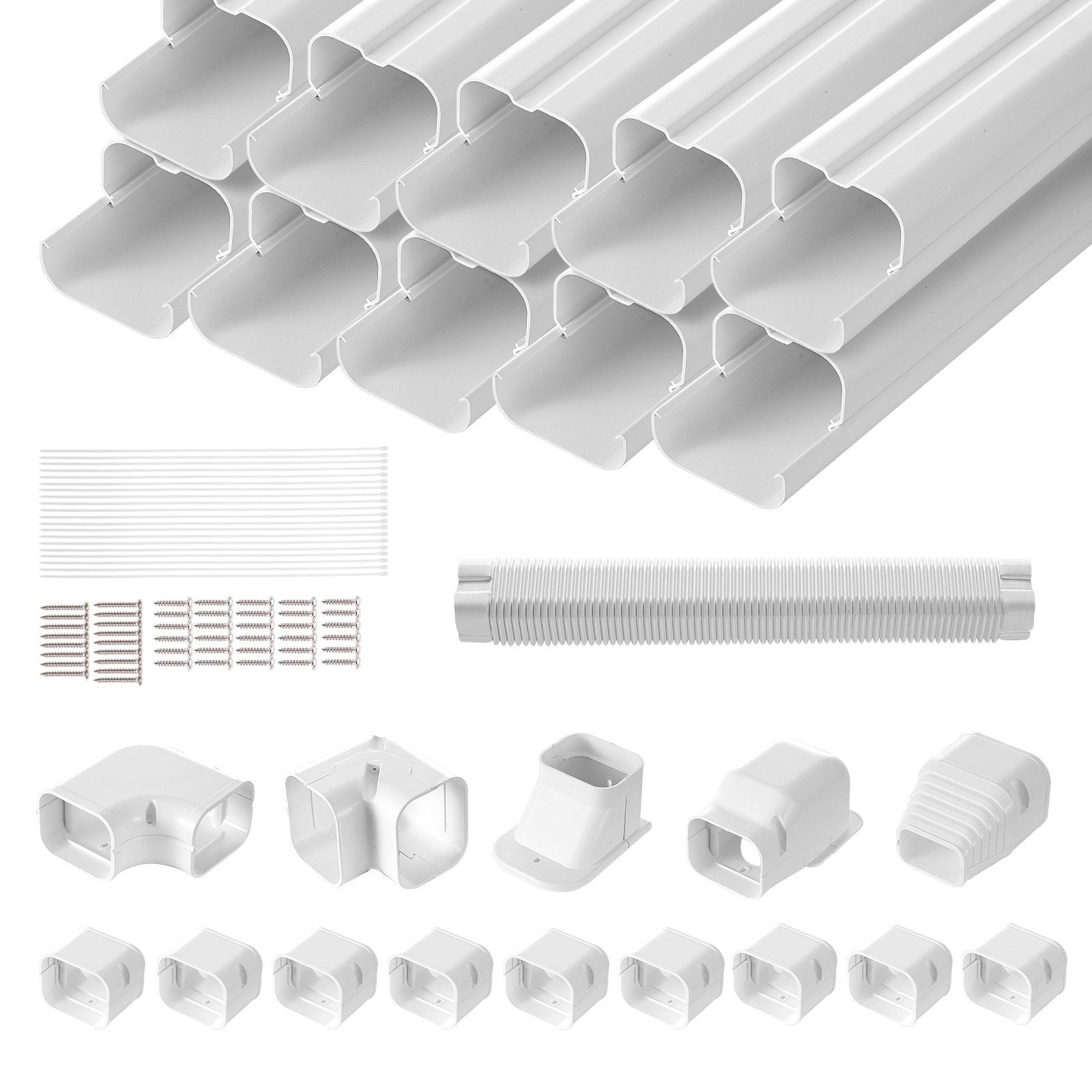 VEVOR Mini Split Line Set Cover 3-inch W 17.7Ft L, PVC Decorative Pipe Line Cover For Air Conditioner with 10 Straight Ducts & Full Components Easy to Install, Paintable for Heat Pumps, White 