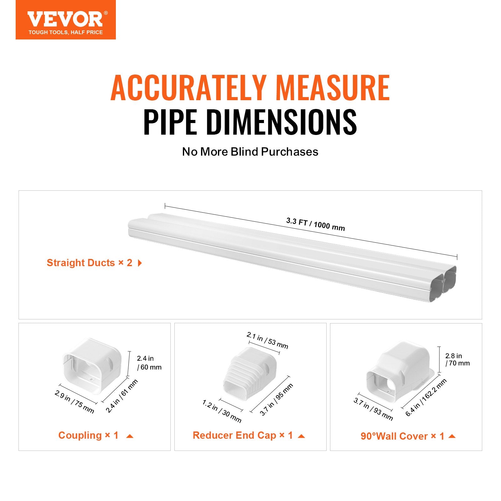 VEVOR Mini Split Line Set Cover 3-inch W 7.4Ft L, PVC Decorative Pipe Line Cover For Air Conditioner with 2 Straight Ducts & Full Components Easy to Install, Paintable for Heat Pumps, White 