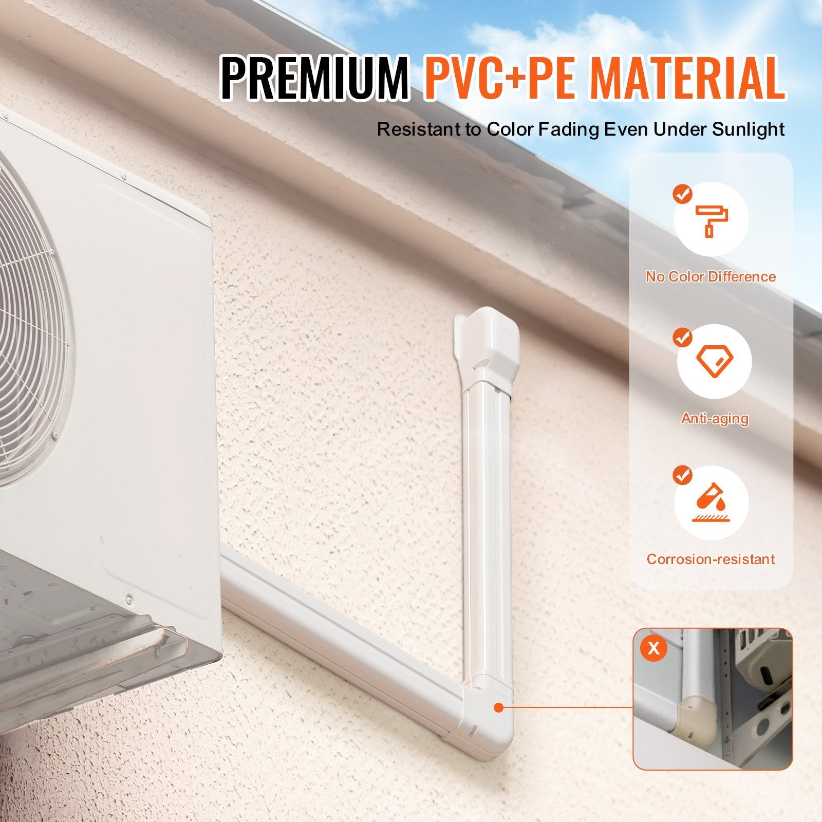 VEVOR Mini Split Line Set Cover 3-inch W 7.4Ft L, PVC Decorative Pipe Line Cover For Air Conditioner with 2 Straight Ducts & Full Components Easy to Install, Paintable for Heat Pumps, White 