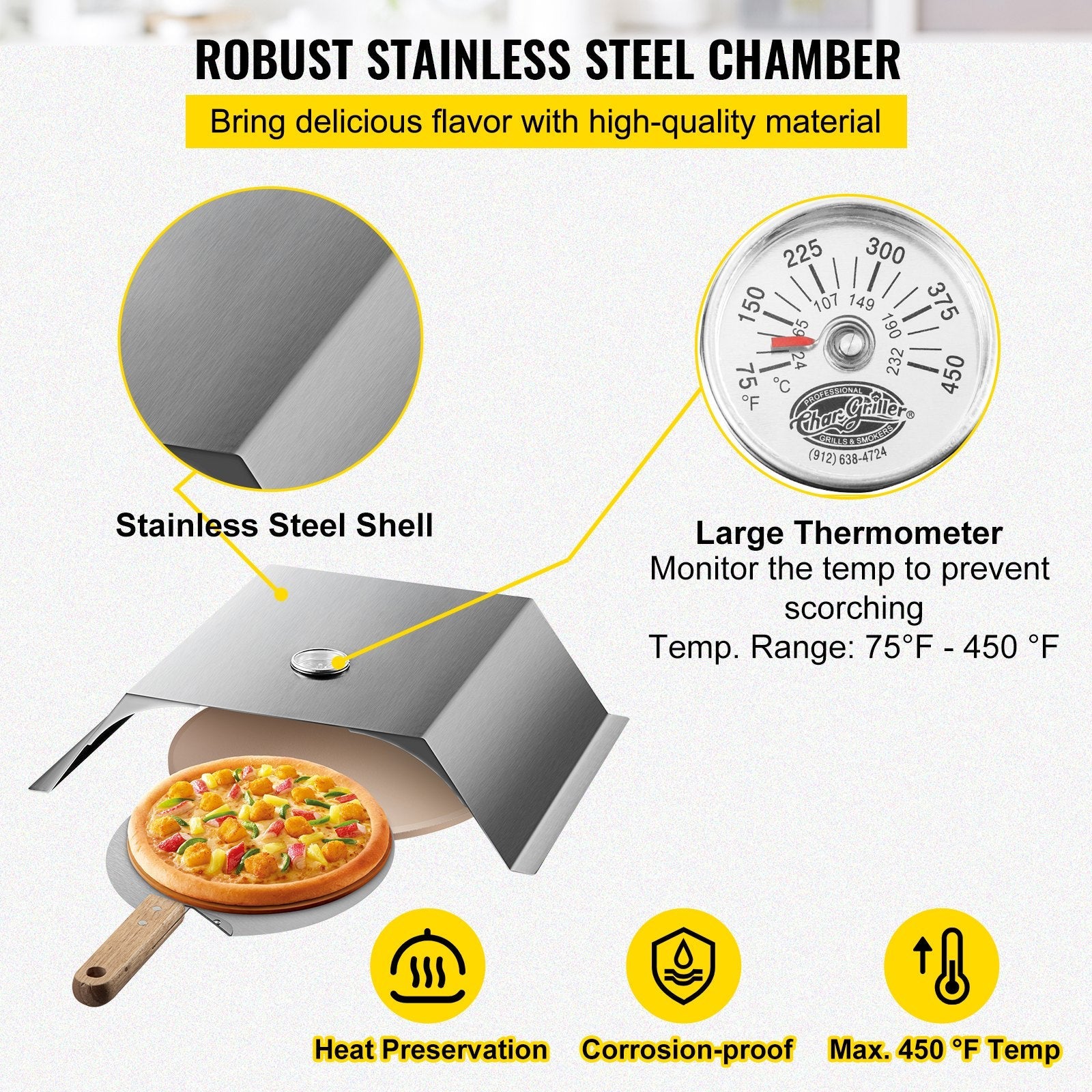 VEVOR Pizza Oven Kit, Stainless Steel Grill Pizza Oven, Pizza Maker Kit for Most 22\" Charcoal Grilll, Grill Pizza Oven Kit Including Pizza Chamber, 13\" Round Pizza Stone, 10 x 11.8 inch Pizza Peel 