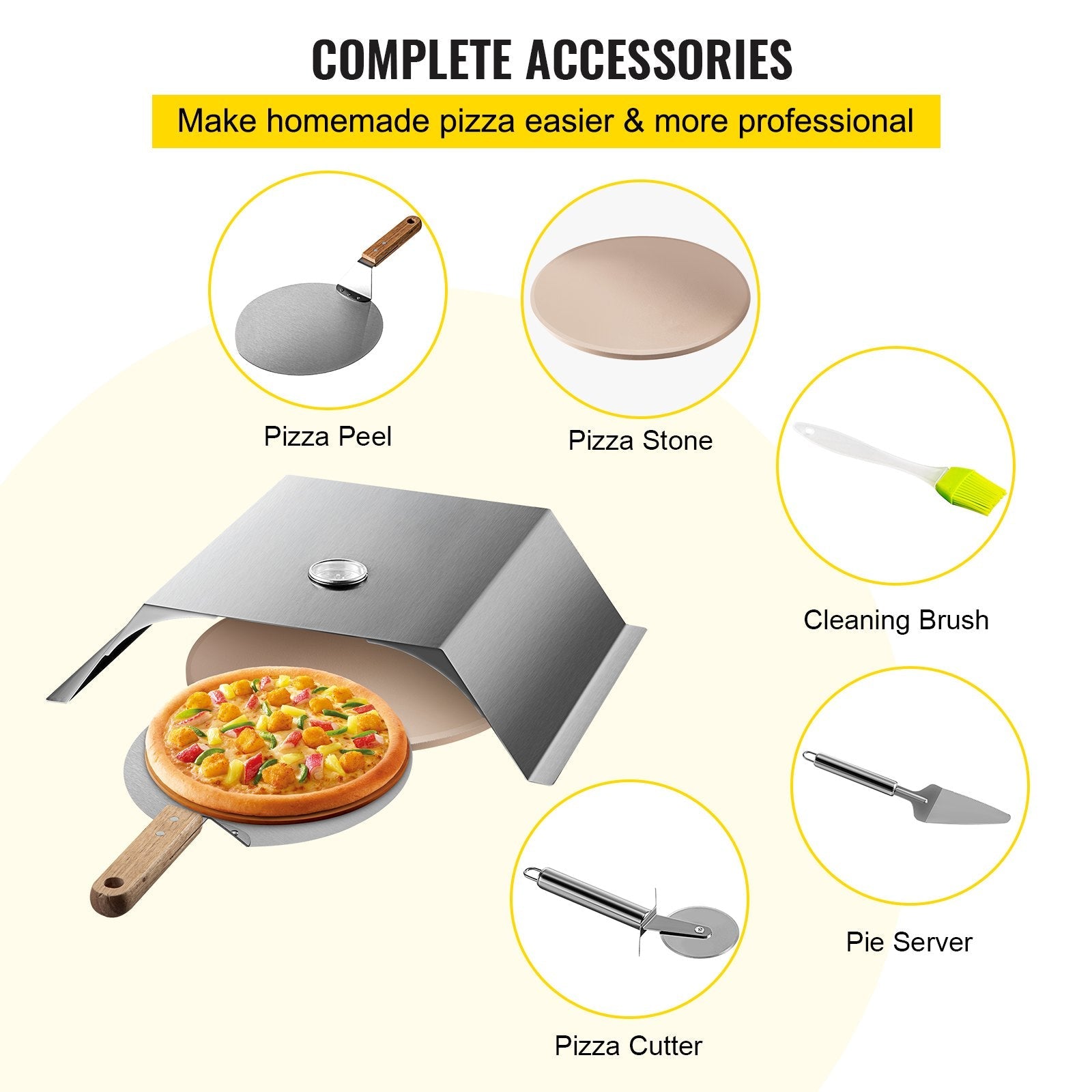 VEVOR Pizza Oven Kit, Stainless Steel Grill Pizza Oven, Pizza Maker Kit for Most 22\" Charcoal Grilll, Grill Pizza Oven Kit Including Pizza Chamber, 13\" Round Pizza Stone, 10 x 11.8 inch Pizza Peel 