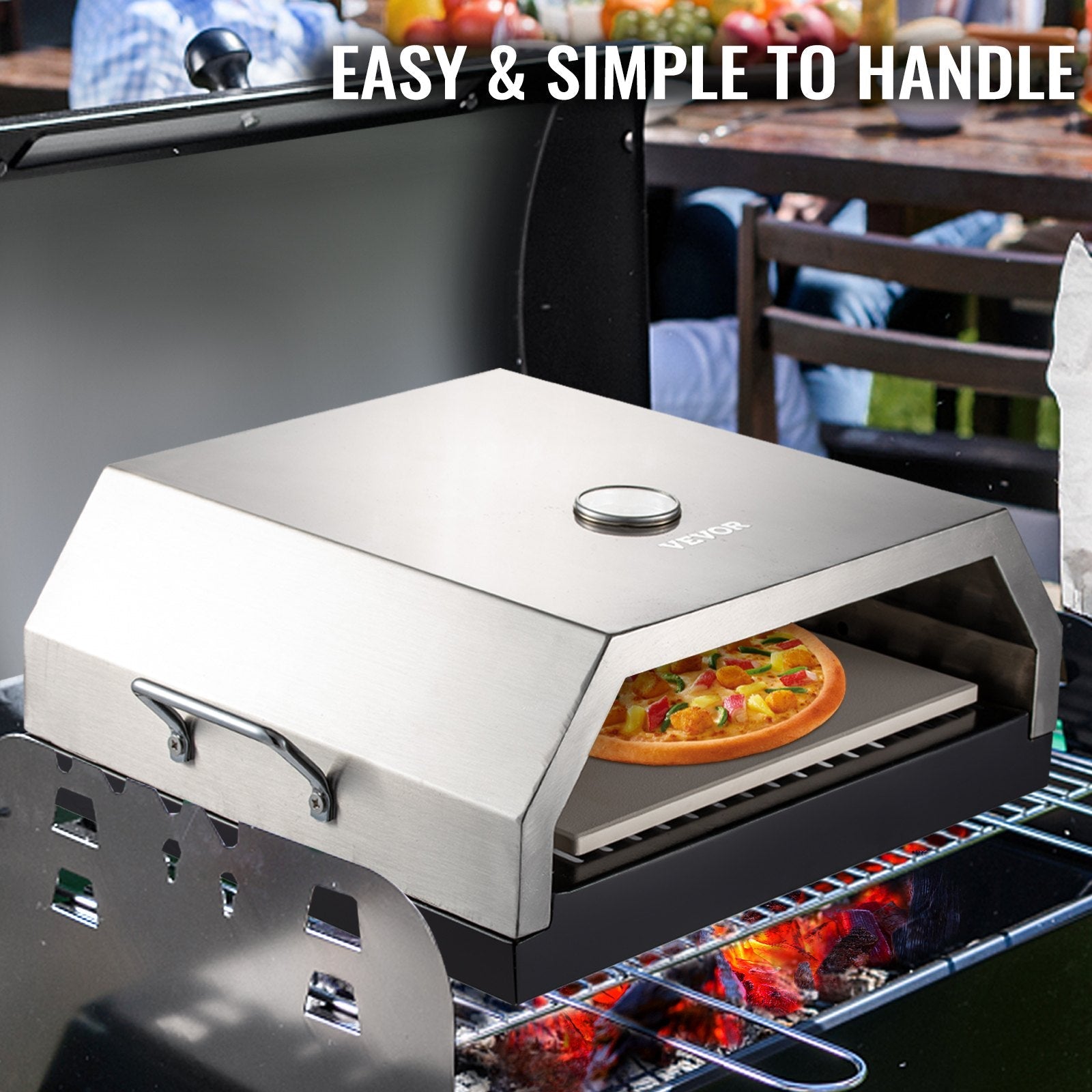 VEVOR Wood Pizza Oven 15.7x13.7x6.2in Wood Fired Pizza Oven Stainless Steel Top Portable Pizza Oven with Stone for Gas or Charcoal Grill Pizza Oven Outdoor for The Garden, Patio, and Courtyard. 