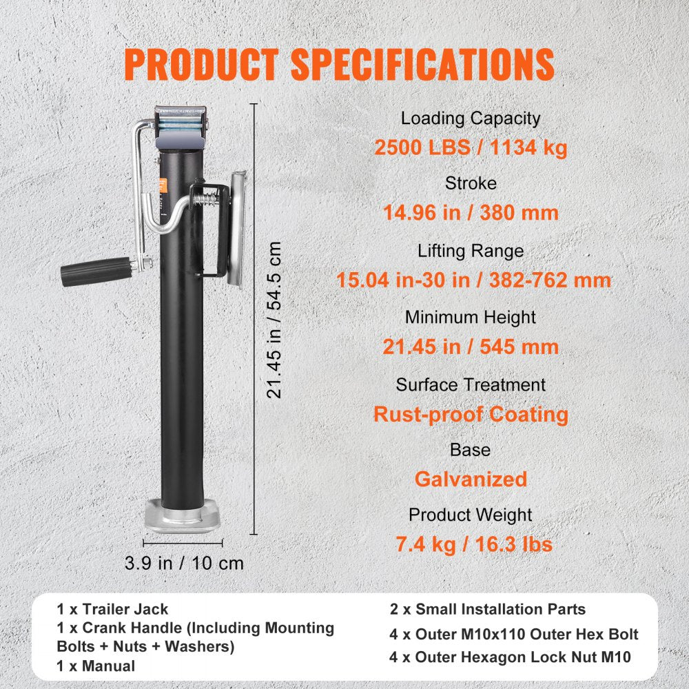 VEVOR Trailer Jack, Trailer Tongue Jack Fix Mount Bolt-on 2500 lb Weight Capacity, Trailer Jack Stand with Handle for lifting RV Trailer, Horse Trailer, Utility Trailer, Yacht Trailer 