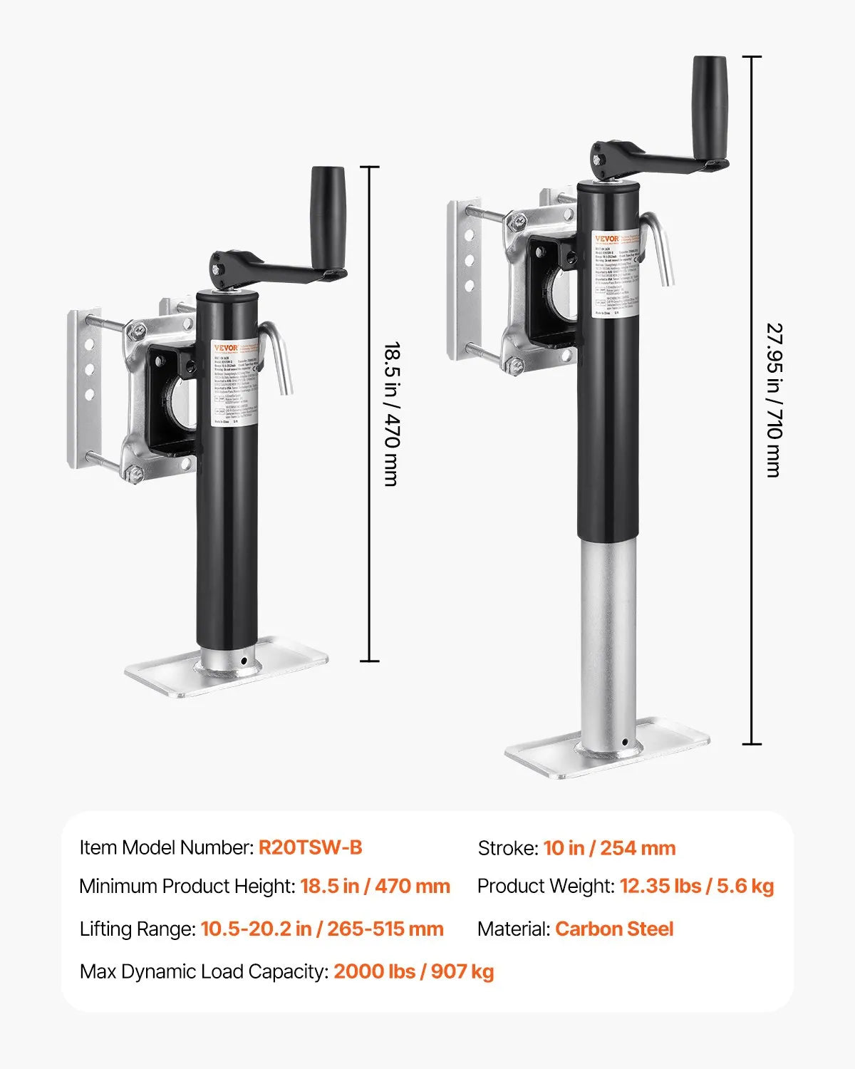 VEVOR Trailer Jack Bolt-on Trailer Tongue Jack 2000 lbs Dynamic Load 10" Travel