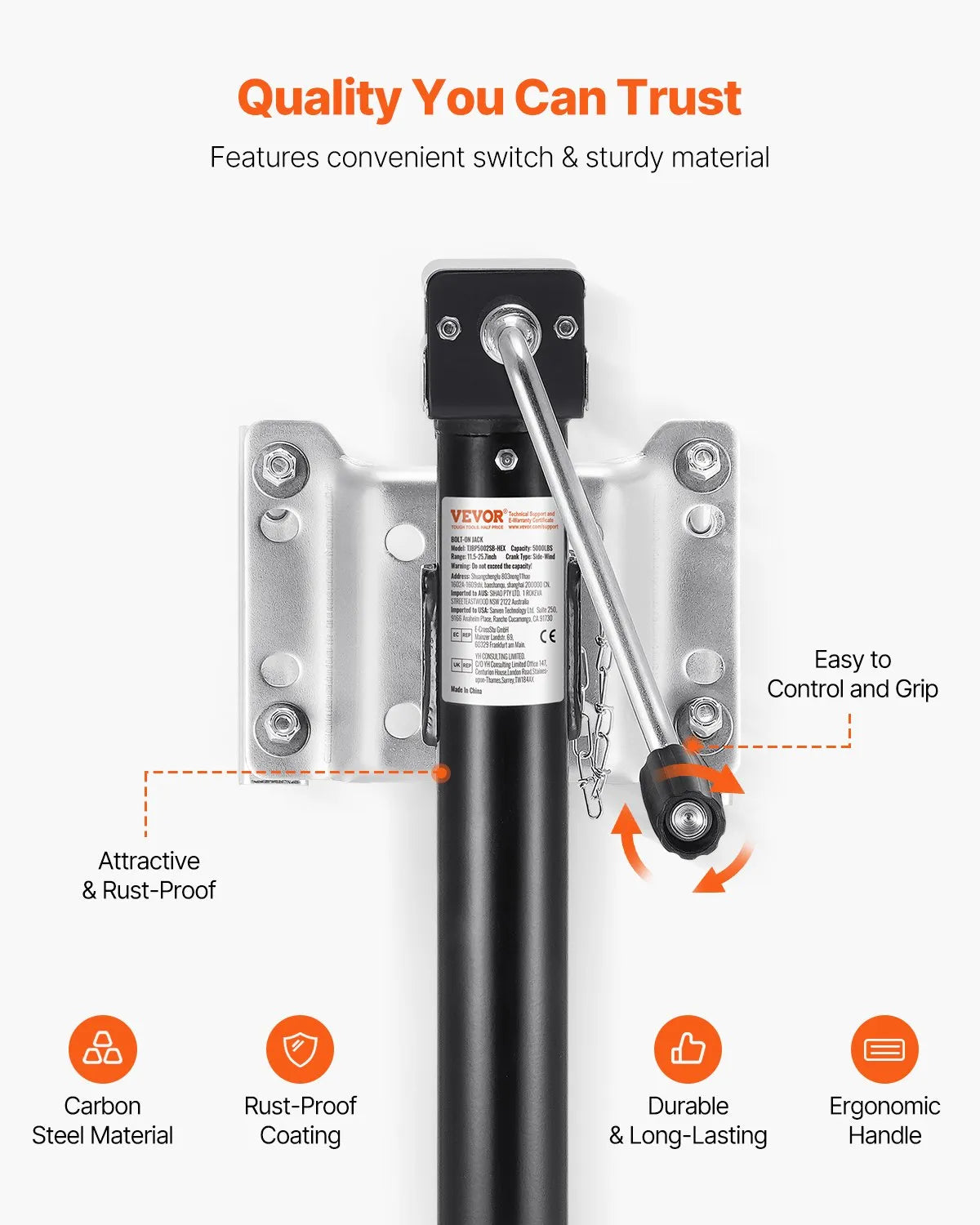 VEVOR Trailer Jack Bolt-on Trailer Tongue Jack 5000 lbs Dynamic Load 14.3" Lift