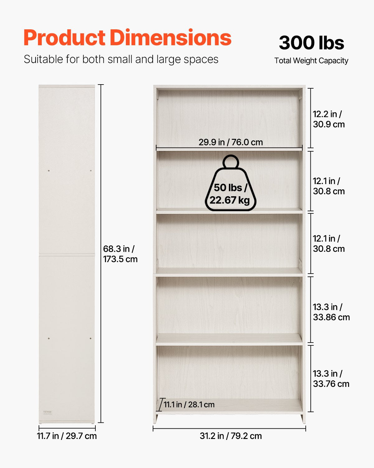 VEVOR 5 Tiers Wide Bookshelf 68" Wooden Freestanding Open Bookcase Shelf White 