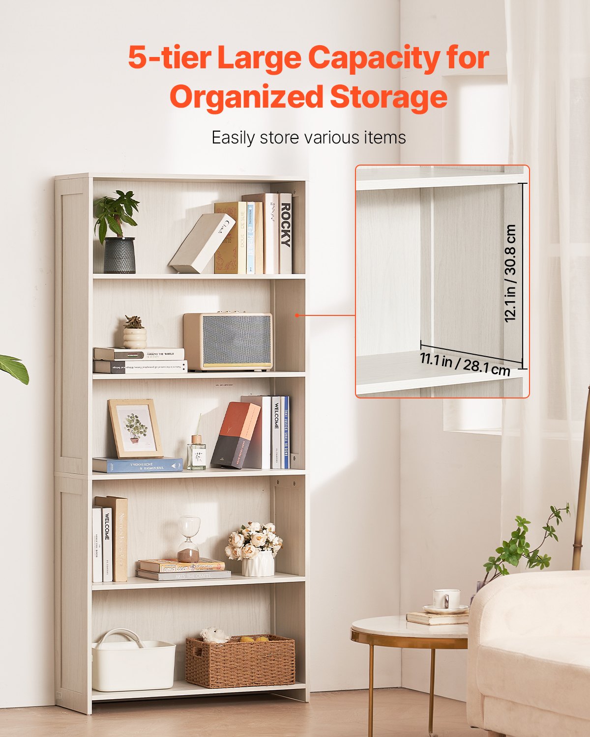 VEVOR 5 Tiers Wide Bookshelf 68" Wooden Freestanding Open Bookcase Shelf White 