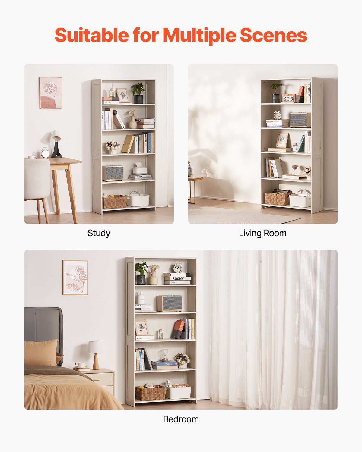 VEVOR 5 Tiers Wide Bookshelf 68" Wooden Freestanding Open Bookcase Shelf White 