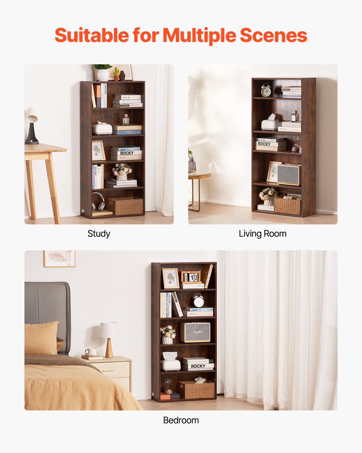 VEVOR 5 Tiers Narrow Bookshelf 53" Wooden Open Bookcase Adjustable Shelf Brown 
