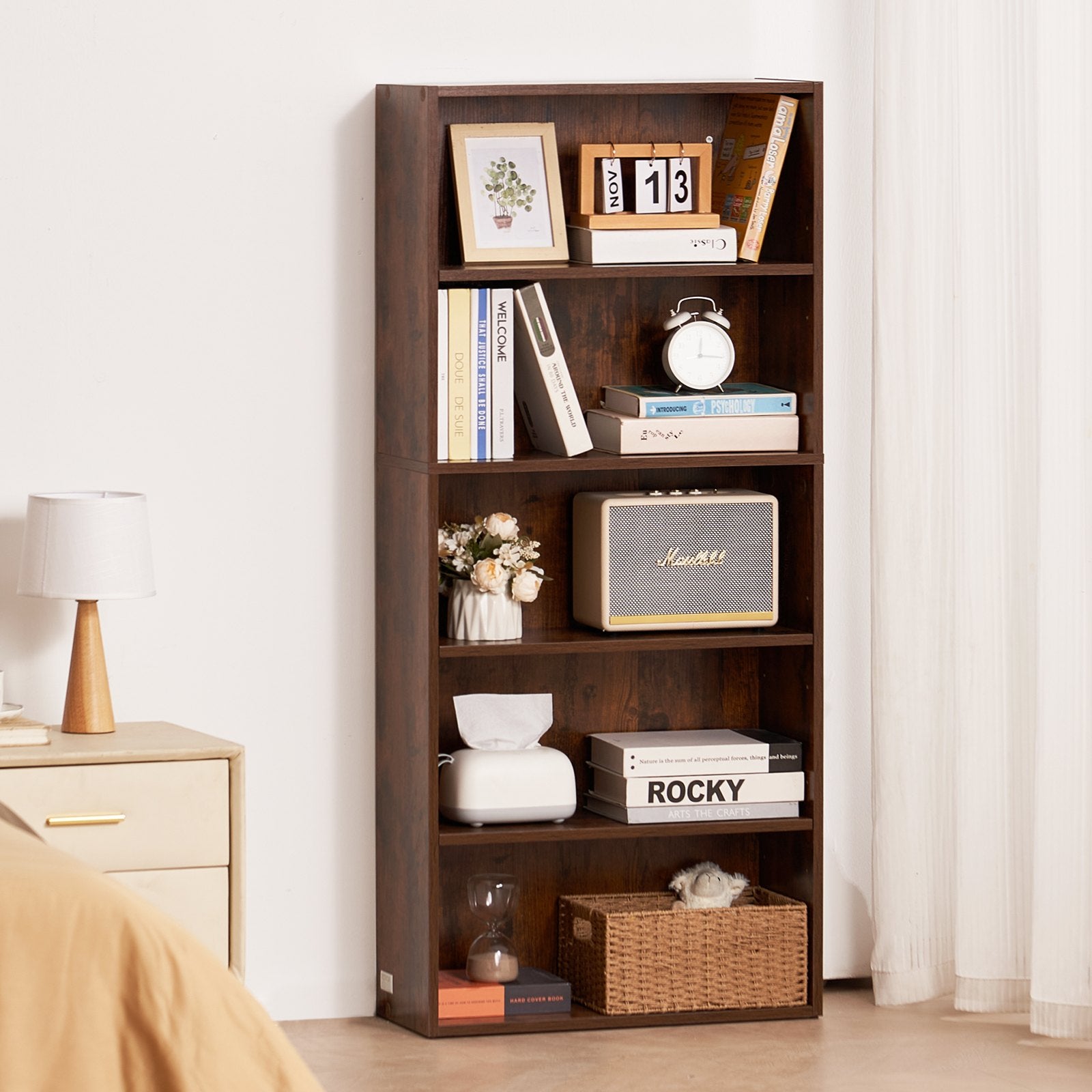 VEVOR 5 Tiers Narrow Bookshelf 53" Wooden Open Bookcase Adjustable Shelf Brown 
