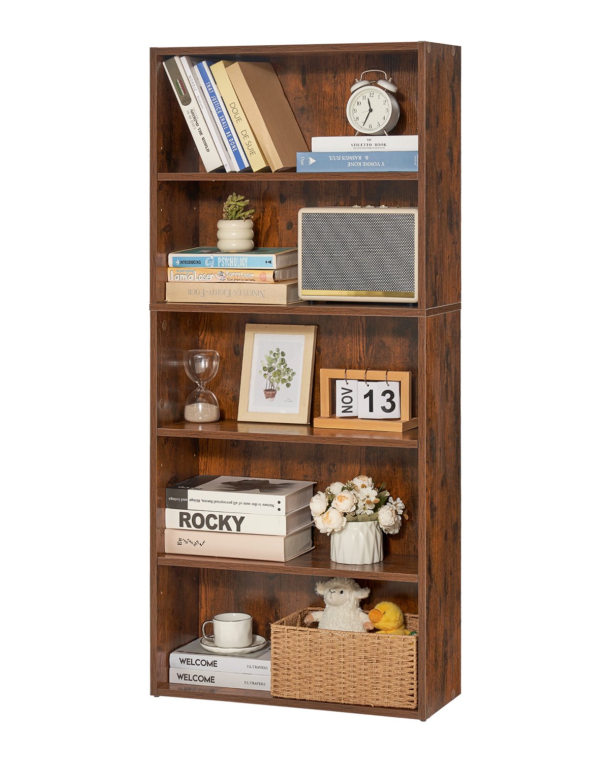 VEVOR 5 Tiers Narrow Bookshelf 53" Wooden Open Bookcase Adjustable Shelf Brown 