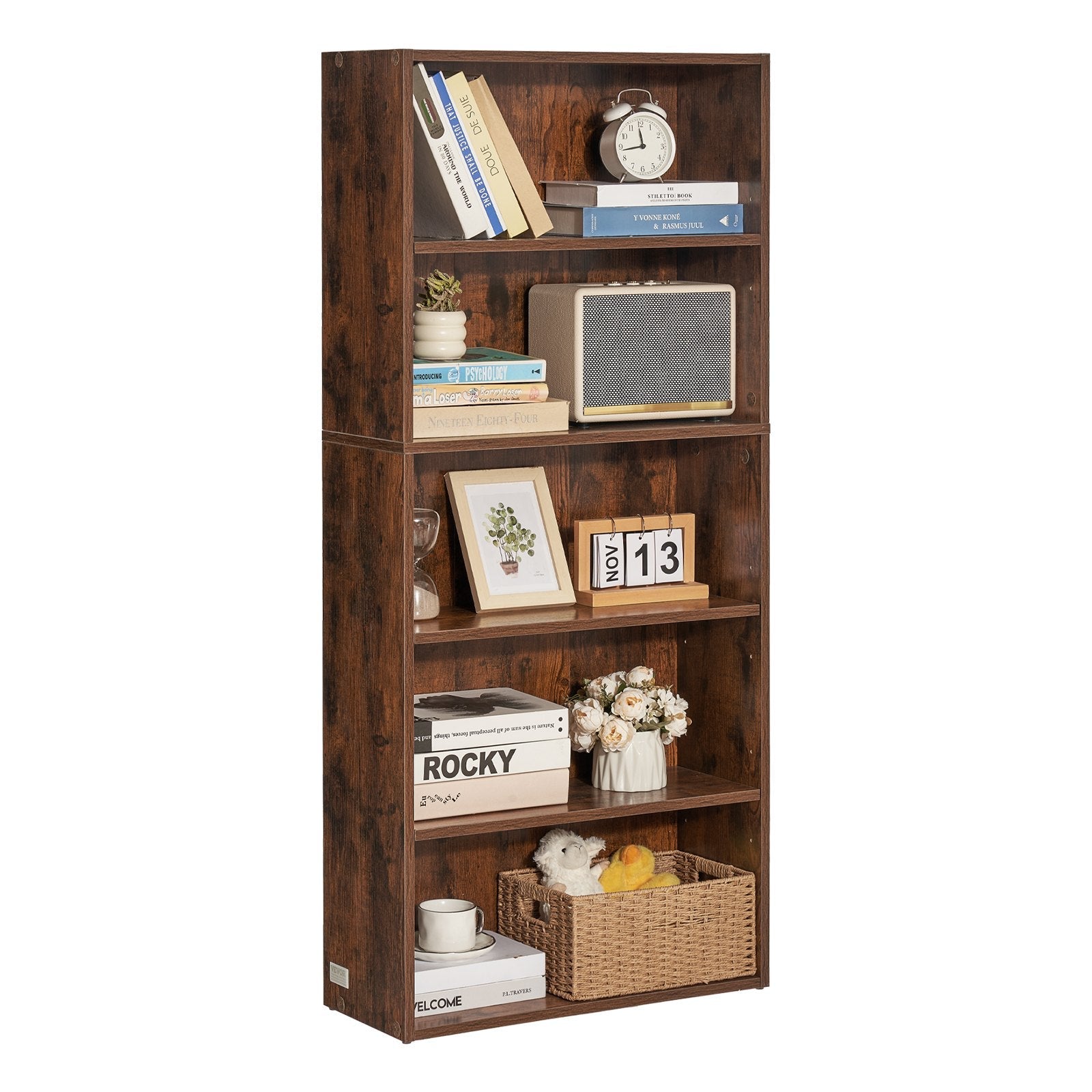 VEVOR 5 Tiers Narrow Bookshelf 53" Wooden Open Bookcase Adjustable Shelf Brown 