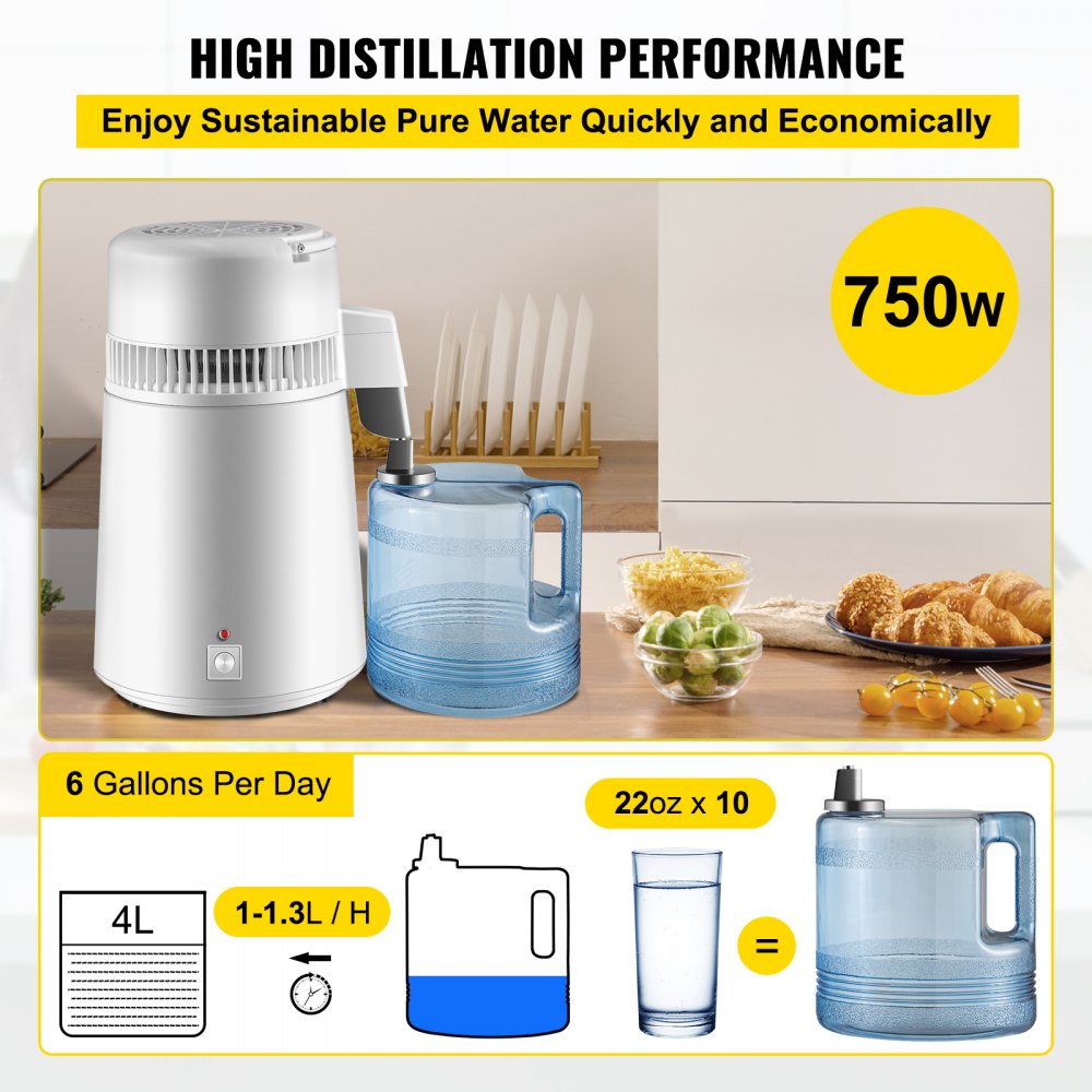 VEVOR Pure Water Distiller 750W, Purifier Filter Fully Upgraded with Handle 1.1 Gal /4L, BPA Free Container, Perfect for Home Use, White 