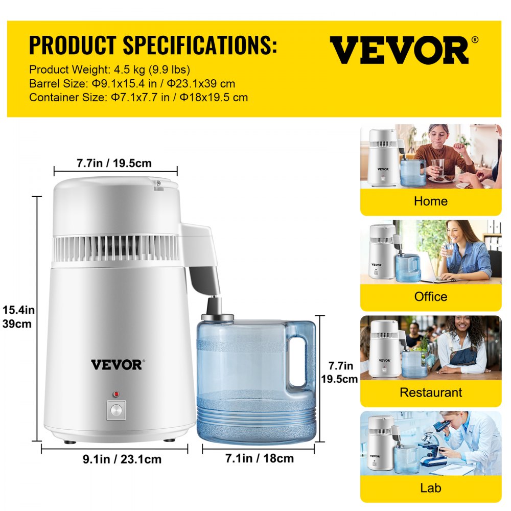 VEVOR Pure Water Distiller 750W, Purifier Filter Fully Upgraded with Handle 1.1 Gal /4L, BPA Free Container, Perfect for Home Use, White 