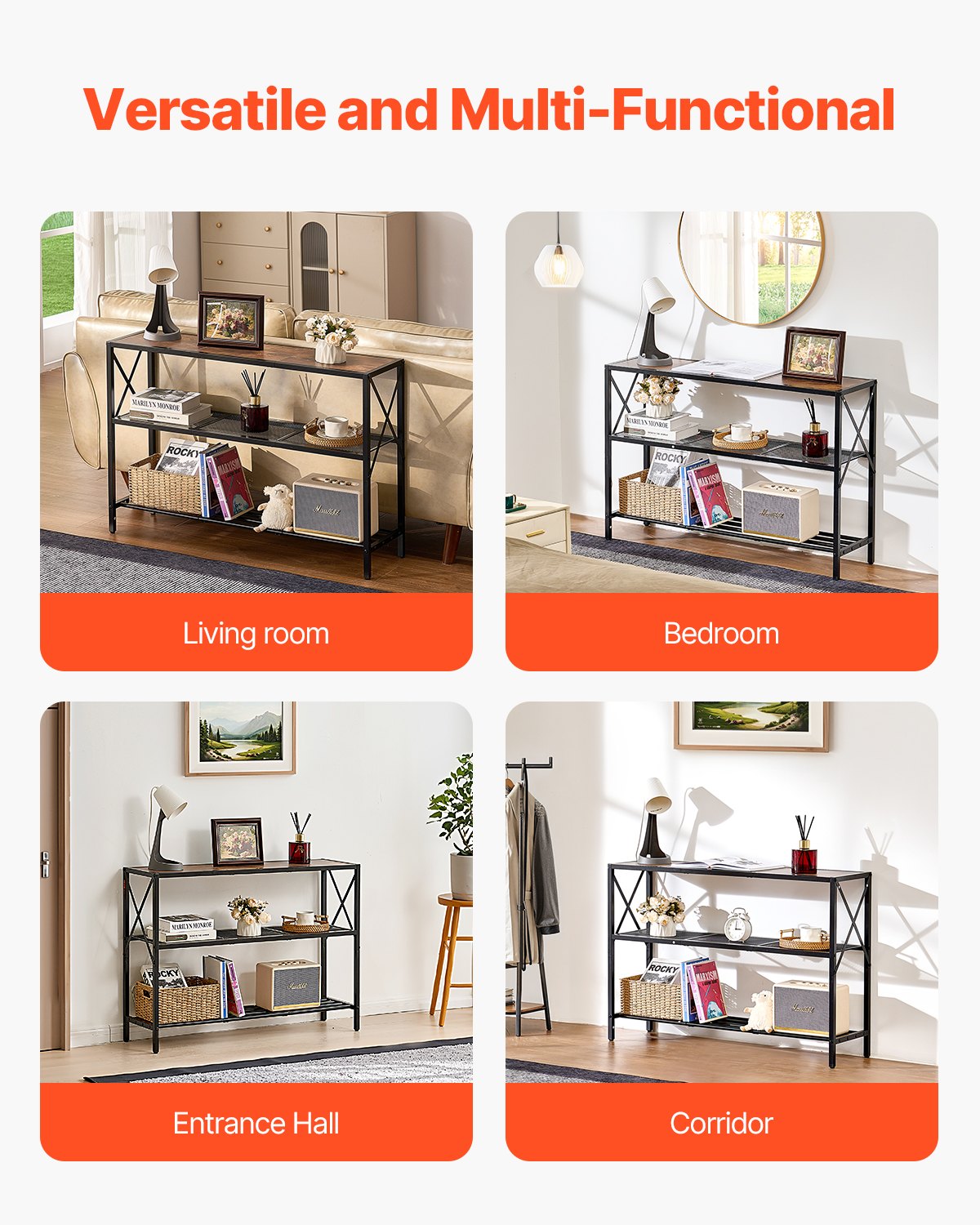 VEVOR Narrow Console Sofa Table Couch Table 3-Tier for Entryway & Living Room 