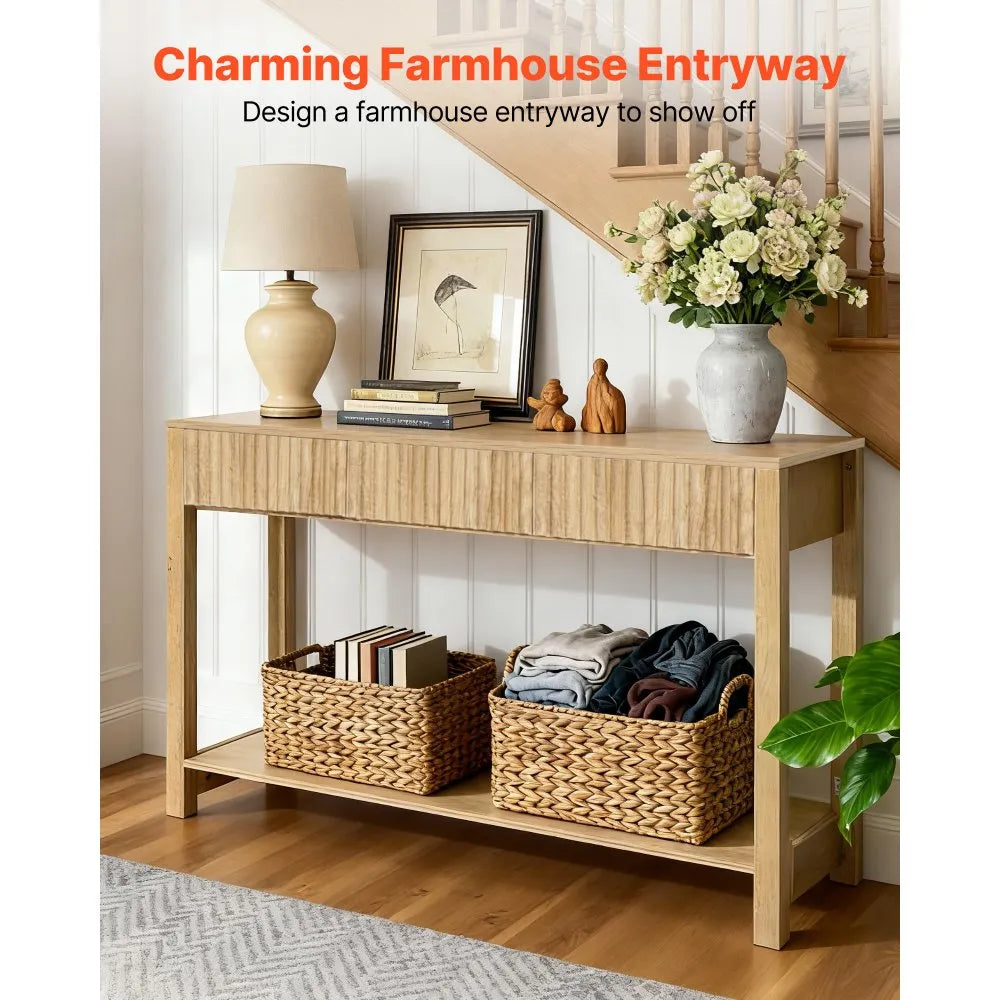 VEVOR 47 in Console Table, Farmhouse Desk Behind the Couch with Drawers and Bottom Storage Shelf, Wooden Rectangle Entrance Narrow Sofa Table for Hallway, Bedroom, Living Room, Foyer, Burlywood 