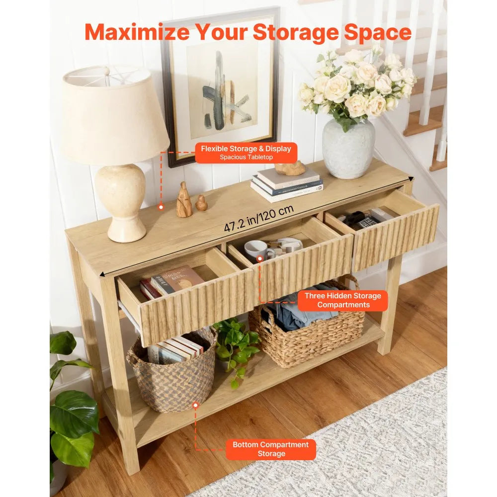 VEVOR 47 in Console Table, Farmhouse Desk Behind the Couch with Drawers and Bottom Storage Shelf, Wooden Rectangle Entrance Narrow Sofa Table for Hallway, Bedroom, Living Room, Foyer, Burlywood 