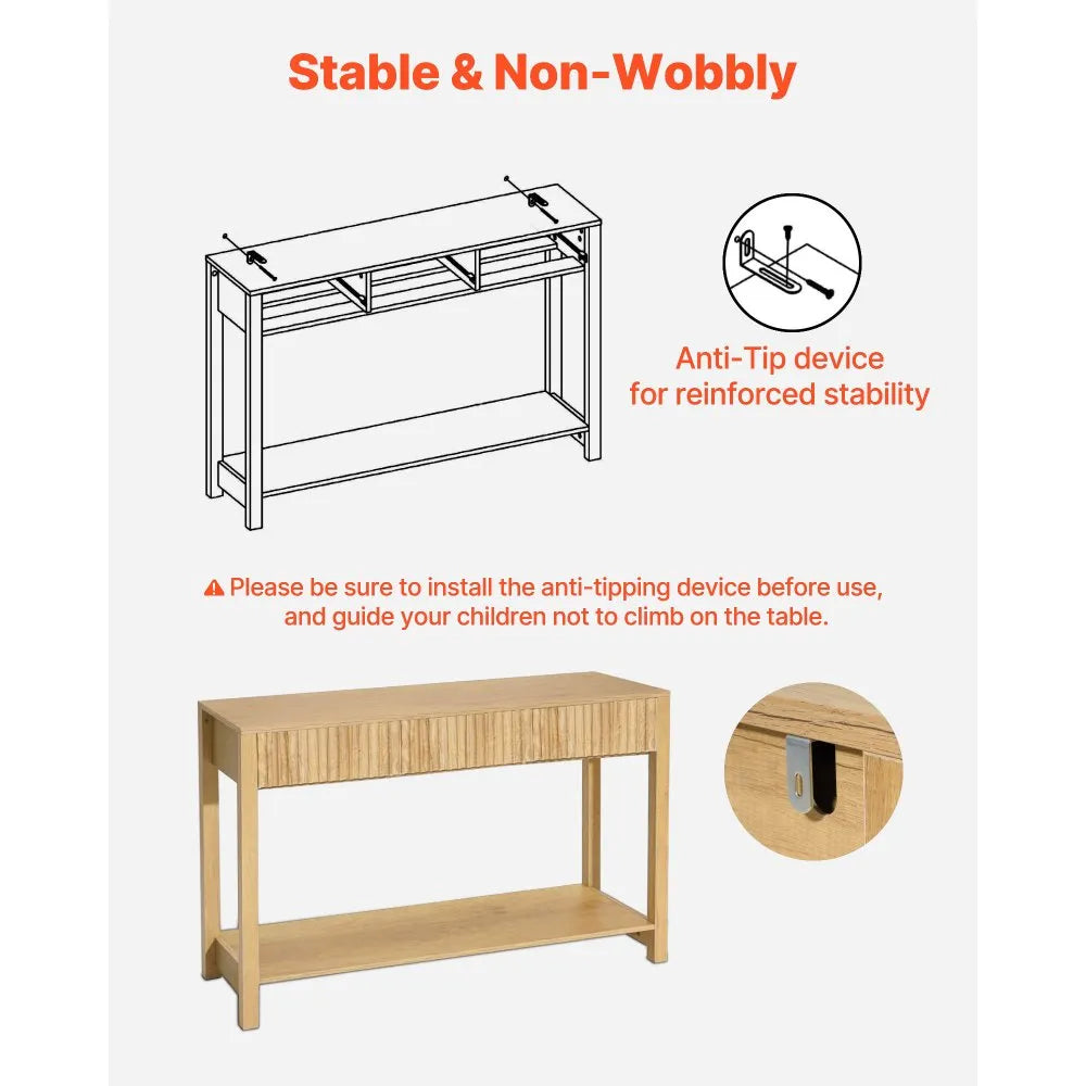 VEVOR 47 in Console Table, Farmhouse Desk Behind the Couch with Drawers and Bottom Storage Shelf, Wooden Rectangle Entrance Narrow Sofa Table for Hallway, Bedroom, Living Room, Foyer, Burlywood 