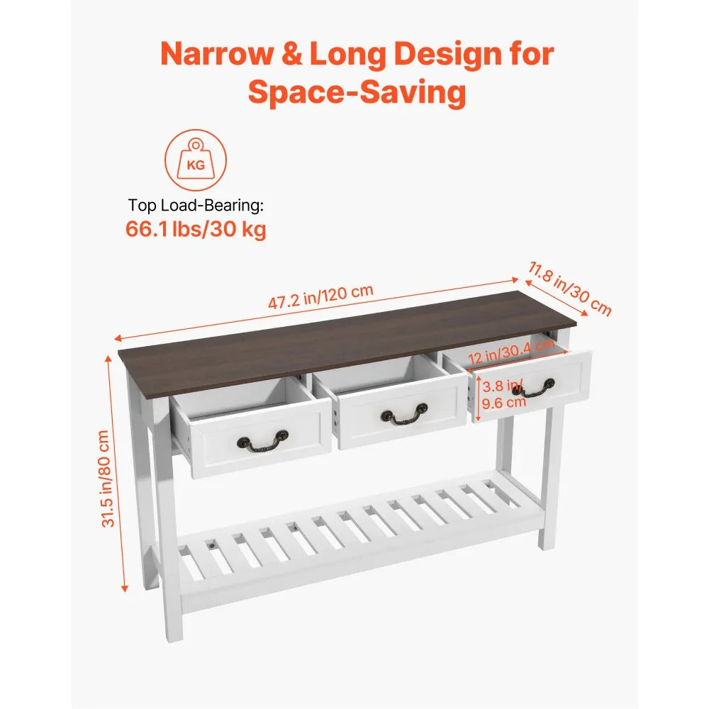 VEVOR 47 in Console Table, Farmhouse Desk Behind the Couch with Drawers and Bottom Storage Shelf, Wooden Rectangle Entrance Narrow Sofa Table for Hallway, Bedroom, Living Room, Foyer, Brown + White 