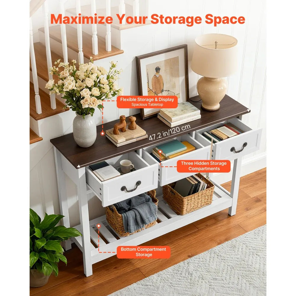 VEVOR 47 in Console Table, Farmhouse Desk Behind the Couch with Drawers and Bottom Storage Shelf, Wooden Rectangle Entrance Narrow Sofa Table for Hallway, Bedroom, Living Room, Foyer, Brown + White 