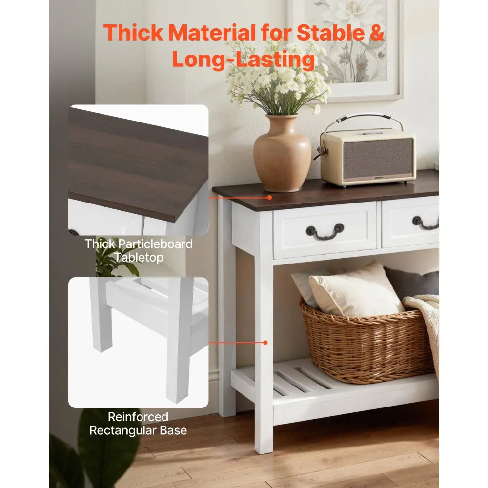 VEVOR 47 in Console Table, Farmhouse Desk Behind the Couch with Drawers and Bottom Storage Shelf, Wooden Rectangle Entrance Narrow Sofa Table for Hallway, Bedroom, Living Room, Foyer, Brown + White 