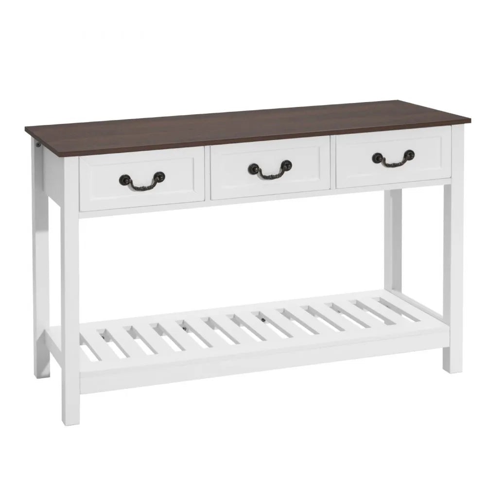 VEVOR 47 in Console Table, Farmhouse Desk Behind the Couch with Drawers and Bottom Storage Shelf, Wooden Rectangle Entrance Narrow Sofa Table for Hallway, Bedroom, Living Room, Foyer, Brown + White 