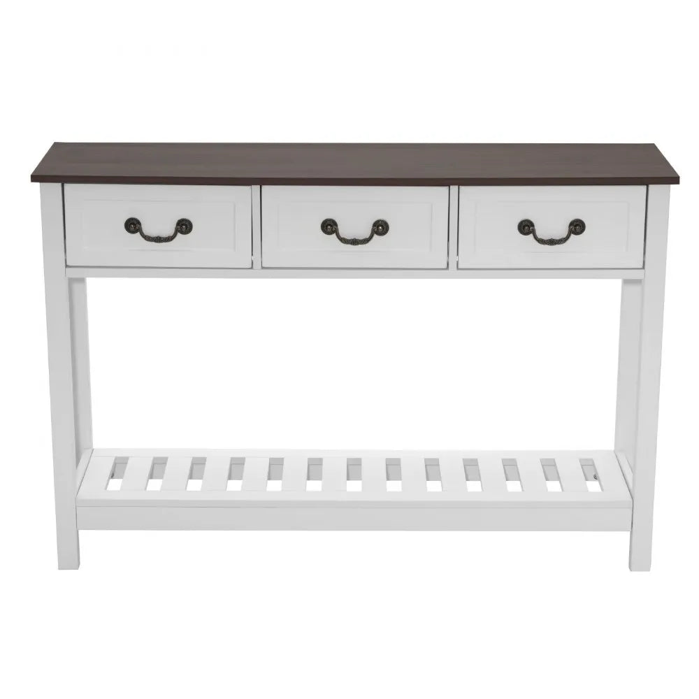 VEVOR 47 in Console Table, Farmhouse Desk Behind the Couch with Drawers and Bottom Storage Shelf, Wooden Rectangle Entrance Narrow Sofa Table for Hallway, Bedroom, Living Room, Foyer, Brown + White 