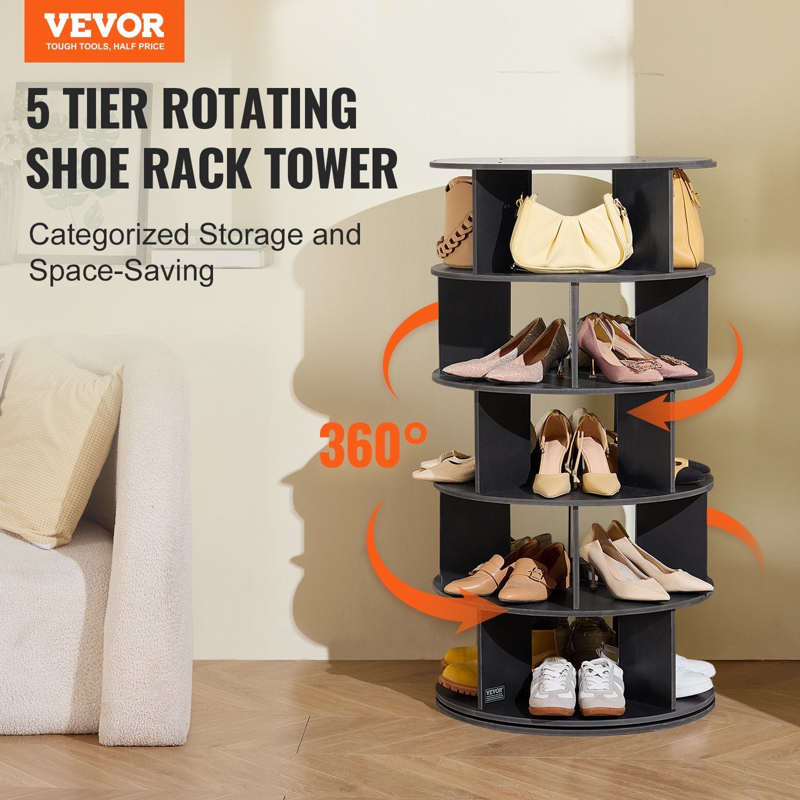 VEVOR 5-Tier Rotating Shoe Rack Tower 360° Spinning Shoe Display Carousel Black 
