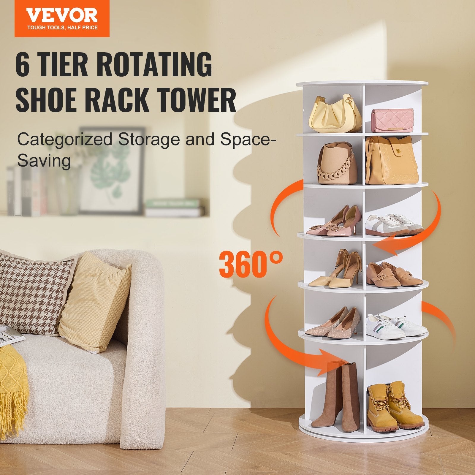 VEVOR 6-Tier Rotating Shoe Rack Tower 360° Spinning Shoe Display Carousel White 