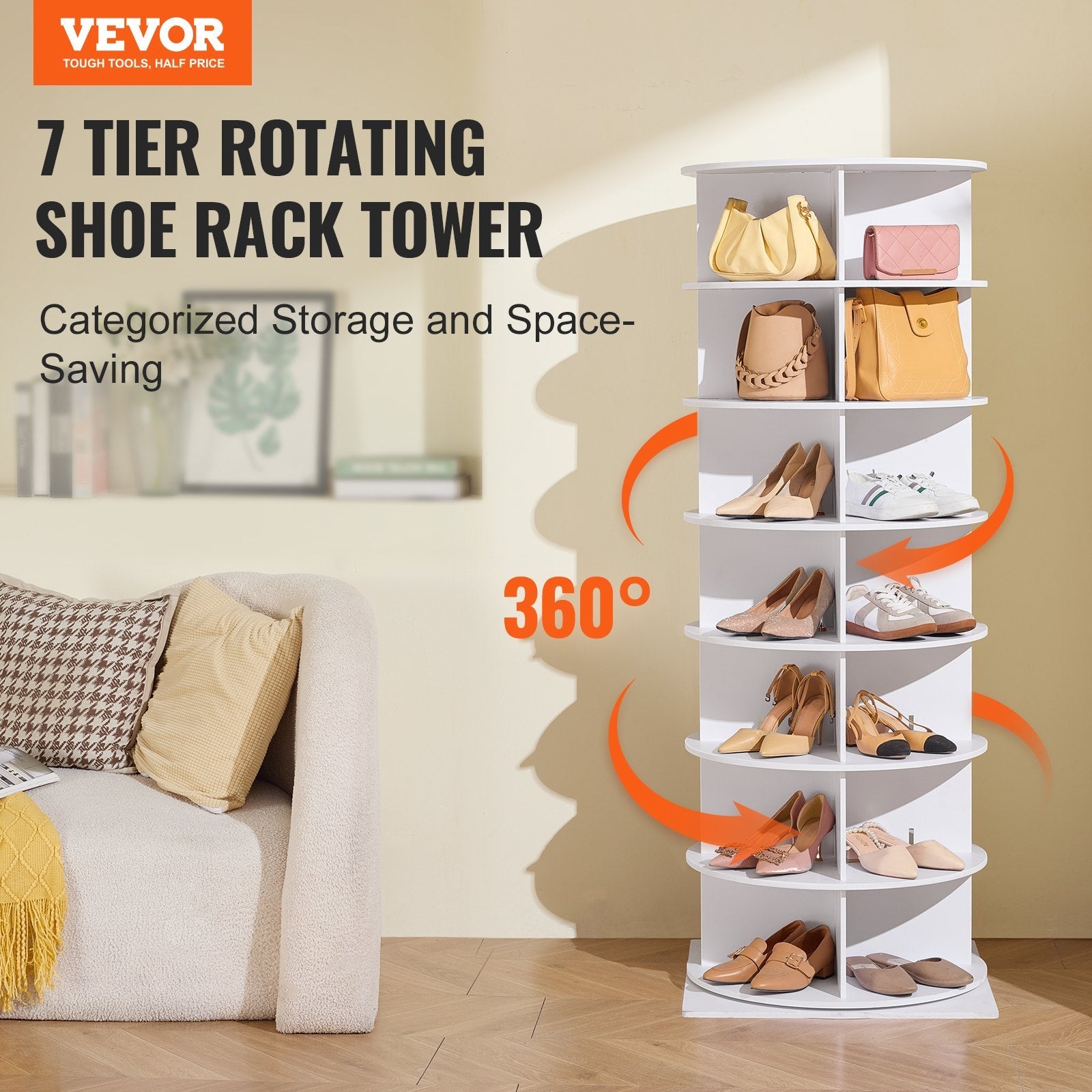 VEVOR 7-Tier Rotating Shoe Rack Tower 360°Spinning Shoe Display with Base Black 