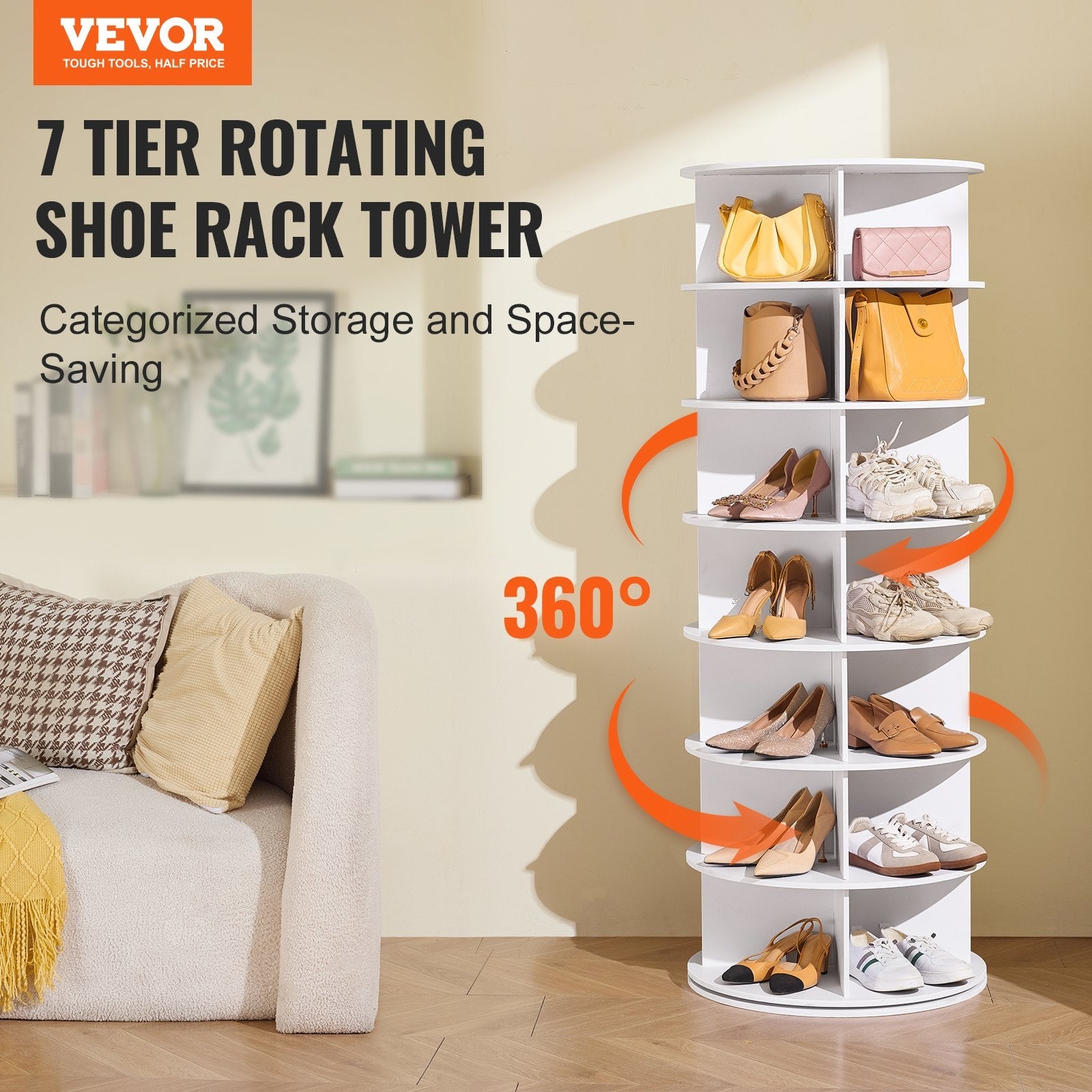 VEVOR 7-Tier Rotating Shoe Rack Tower 360° Spinning Shoe Display Carousel White 