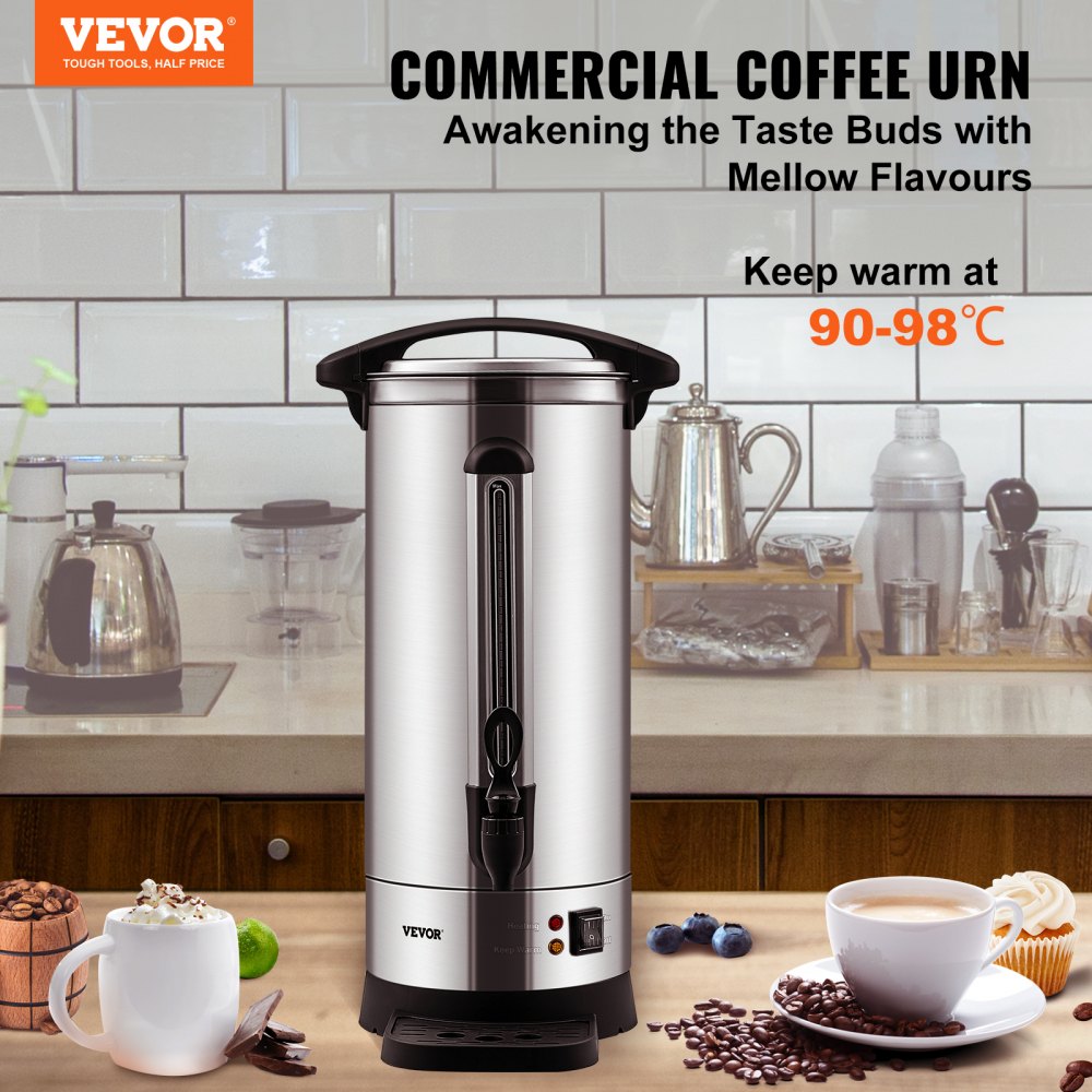 VEVOR Commercial Coffee Urn, 110 Cups Stainless Steel Large Coffee Dispenser, 1500W 110V Electric Coffee Maker Urn For Quick Brewing, Hot Water Urn with Detachable Power Cord for Easy Cleaning, Silver 