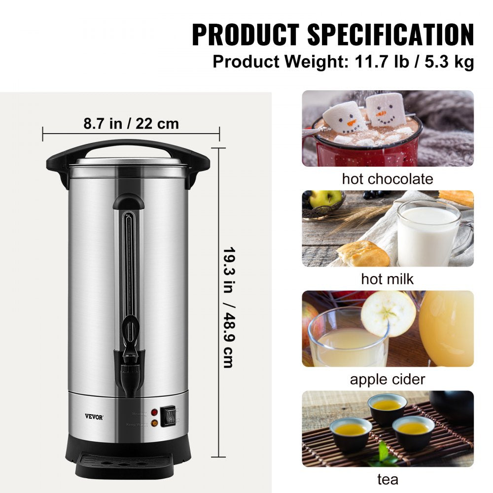 VEVOR Commercial Coffee Urn, 110 Cups Stainless Steel Large Coffee Dispenser, 1500W 110V Electric Coffee Maker Urn For Quick Brewing, Hot Water Urn with Detachable Power Cord for Easy Cleaning, Silver 