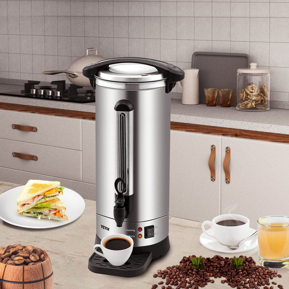 VEVOR Commercial Coffee Urn, 110 Cups Stainless Steel Large Coffee Dispenser, 1500W 110V Electric Coffee Maker Urn For Quick Brewing, Hot Water Urn with Detachable Power Cord for Easy Cleaning, Silver 