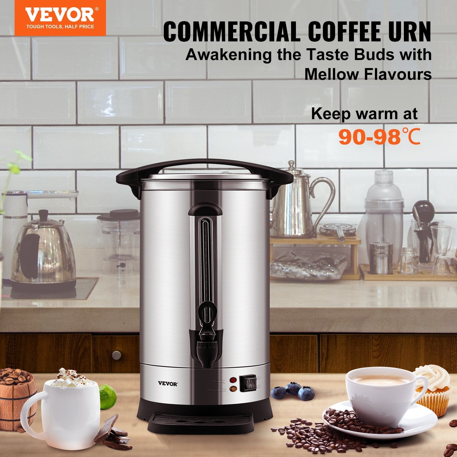 VEVOR Commercial Coffee Urn, 65 Cups Stainless Steel Large Coffee Dispenser, 1500W 110V Electric Coffee Maker Urn For Quick Brewing, Hot Water Urn with Detachable Power Cord for Easy Cleaning, Silver 