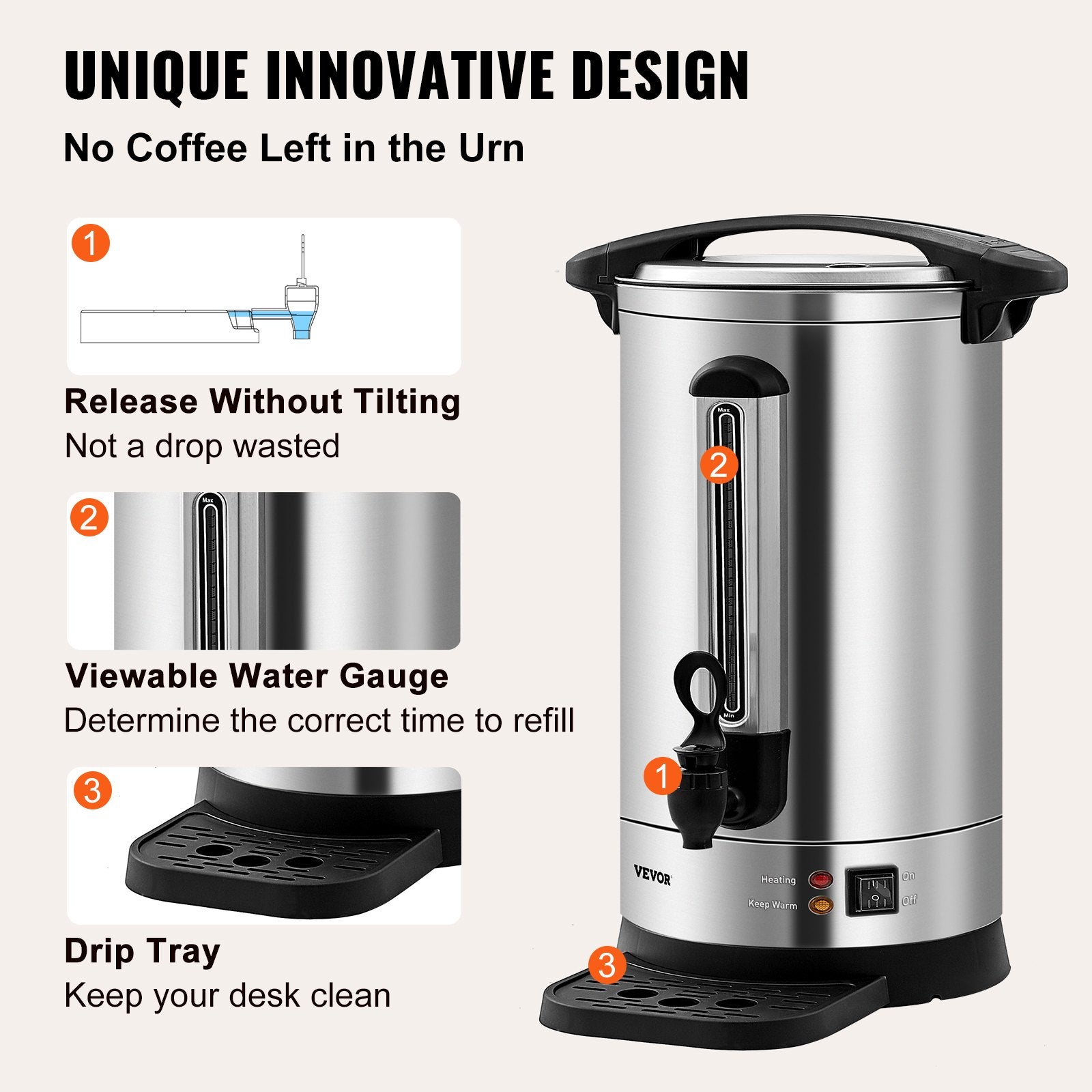 VEVOR Commercial Coffee Urn, 65 Cups Stainless Steel Large Coffee Dispenser, 1500W 110V Electric Coffee Maker Urn For Quick Brewing, Hot Water Urn with Detachable Power Cord for Easy Cleaning, Silver 