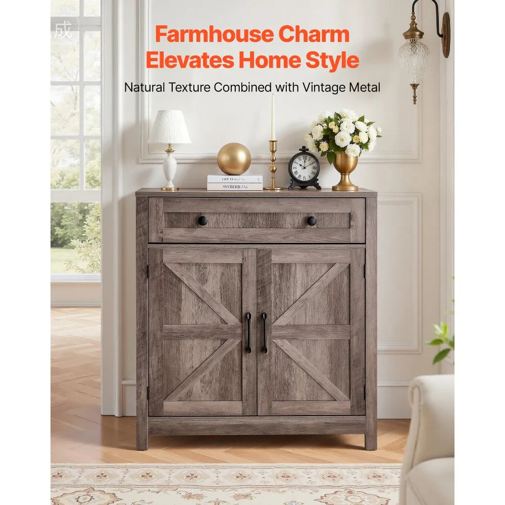 VEVOR Coffee Bar Cabinet with Drawer & Barn Doors – Farmhouse Buffet Storage Cabinet, Grey