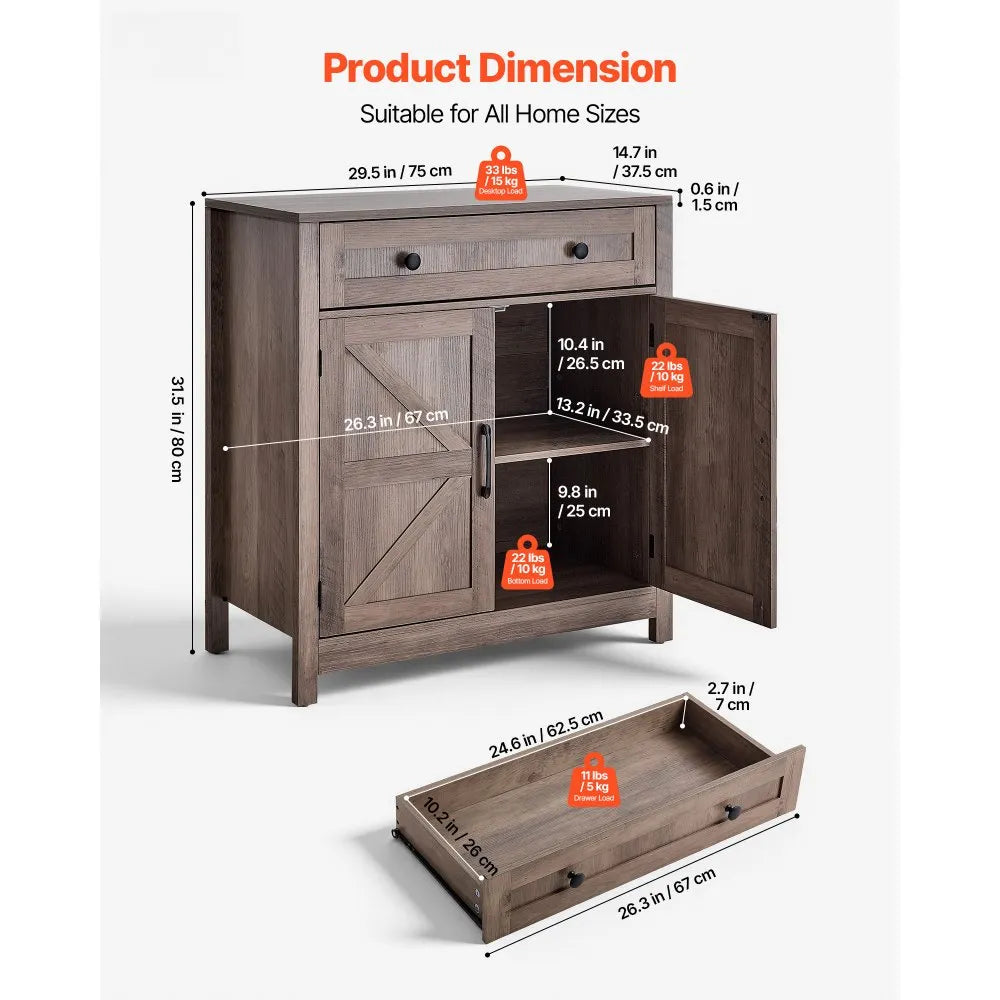 VEVOR Coffee Bar Cabinet with Drawer & Barn Doors – Farmhouse Buffet Storage Cabinet, Grey